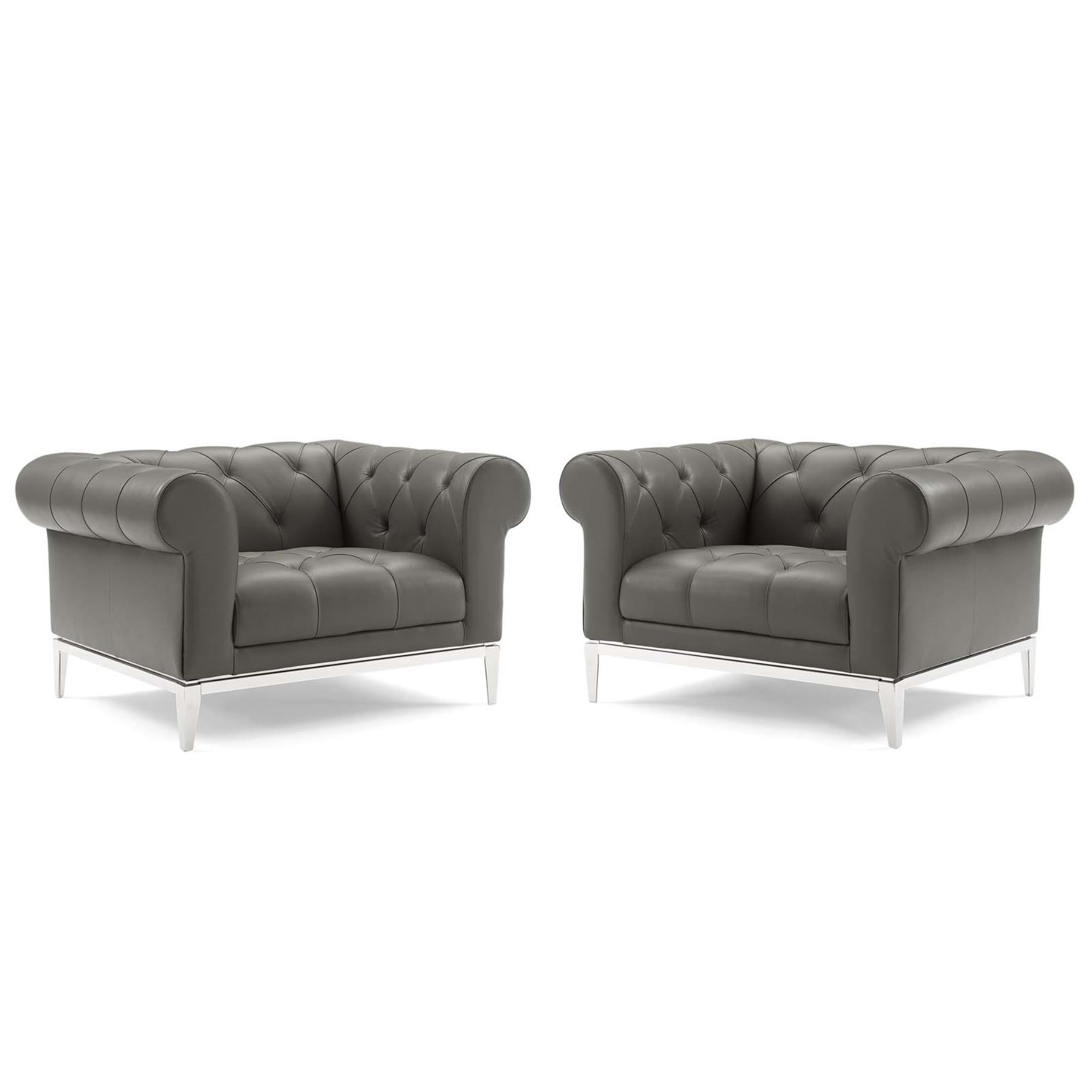 Gray Leather Tufted Chesterfield Armchair Set with Metal Frame