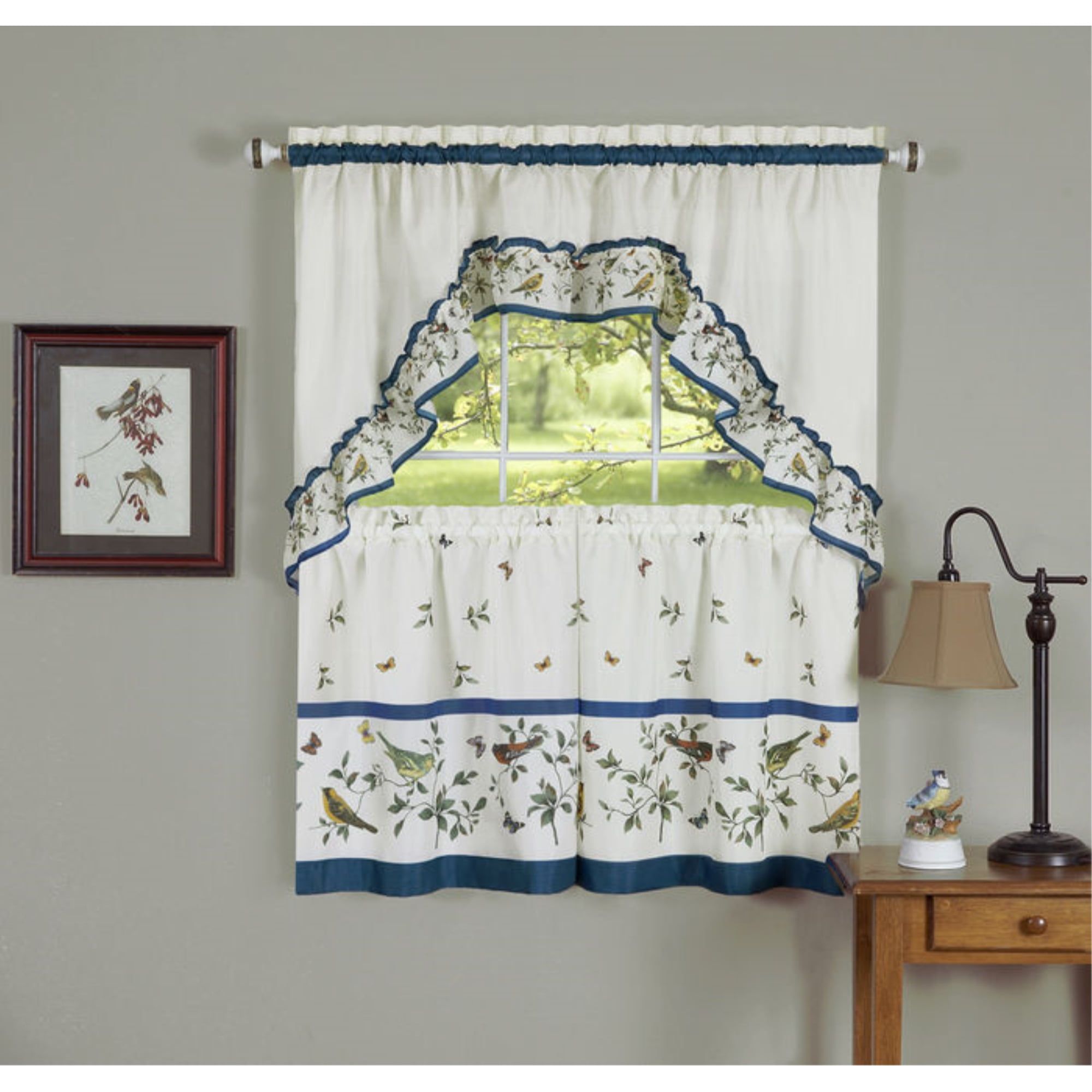 Blue and White Bird Pattern Sill Length Tier Curtain Set