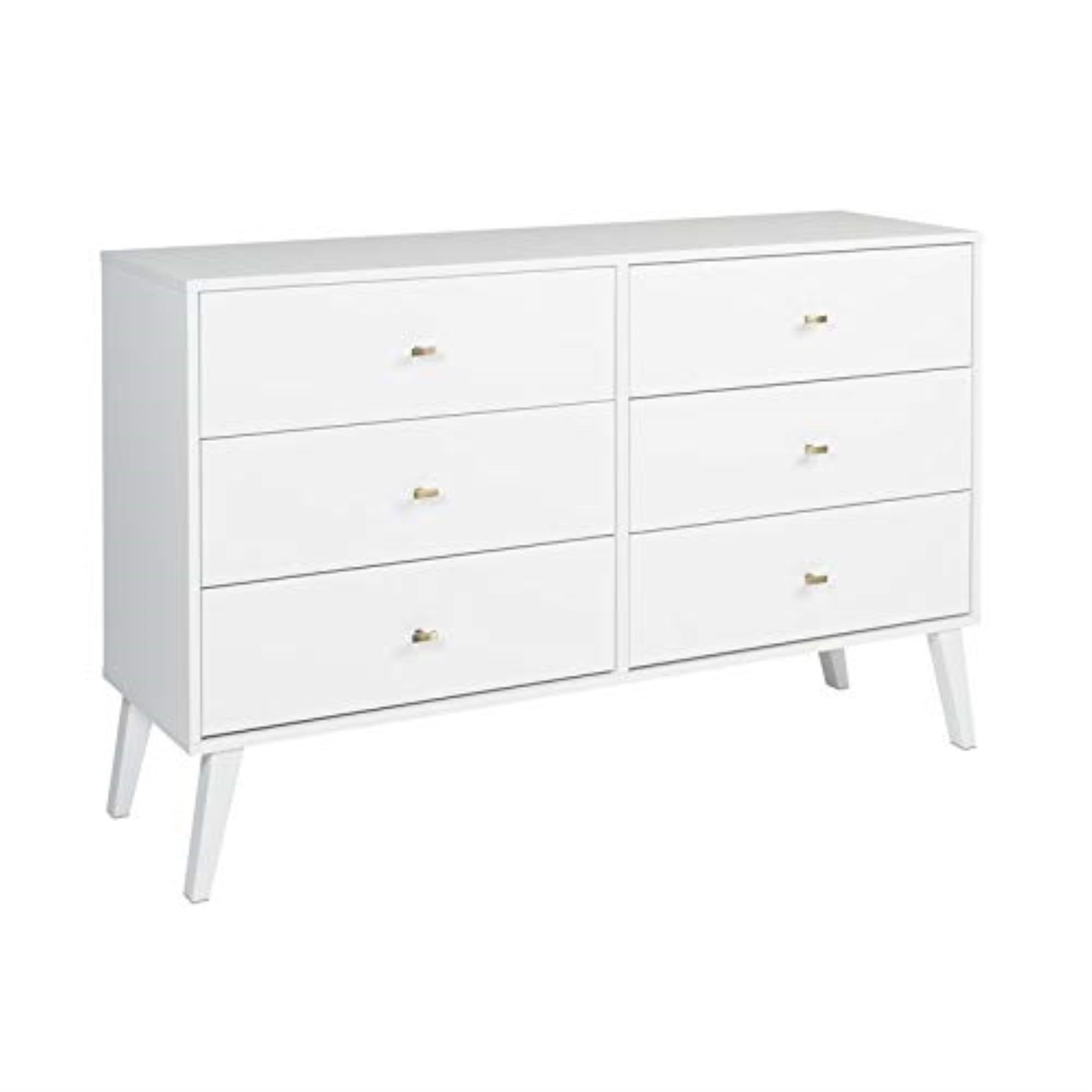 White Mid-Century 6-Drawer Double Dresser with Brass Knobs