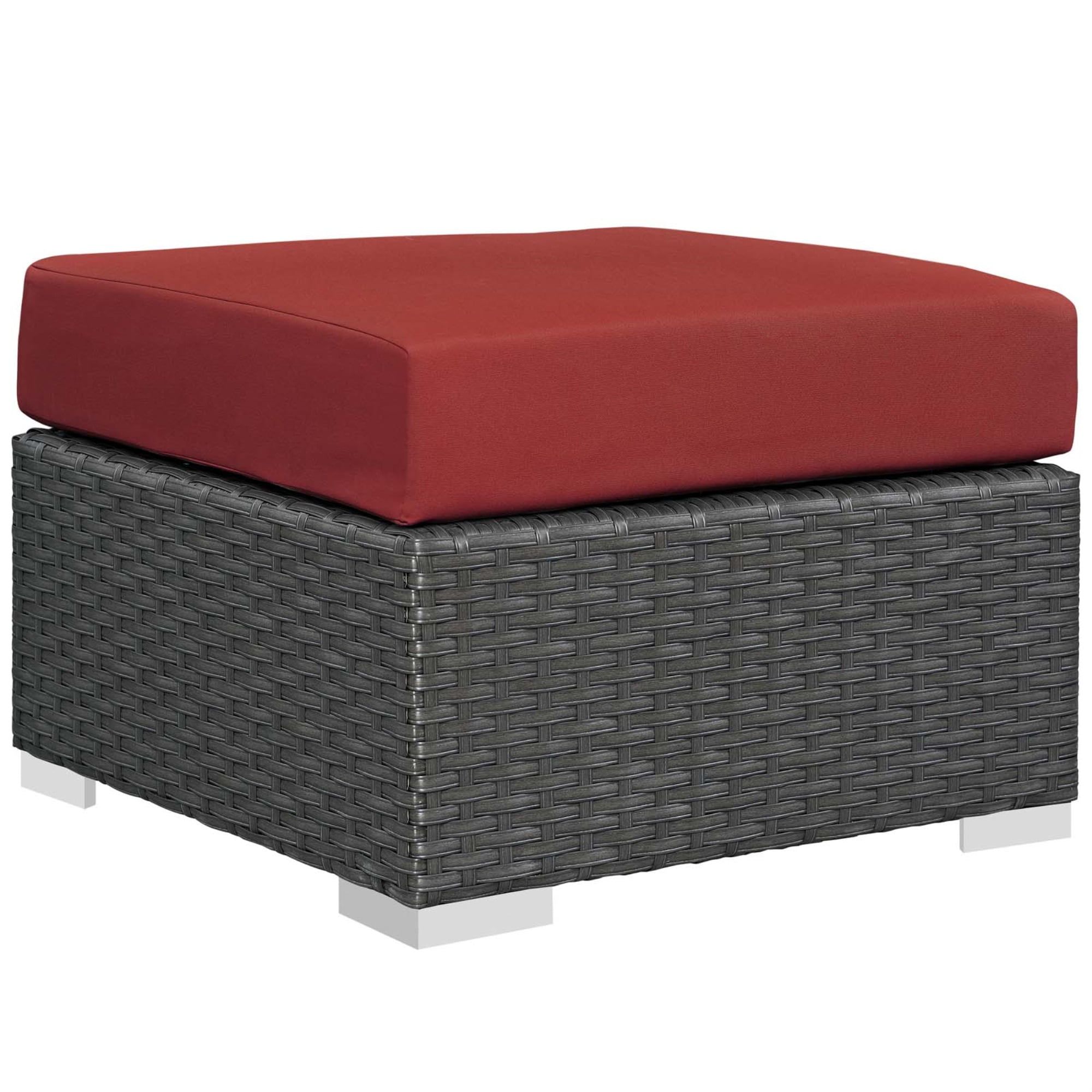 Sojourn 25'' Canvas Red Sunbrella Outdoor Ottoman with Synthetic Rattan Weave