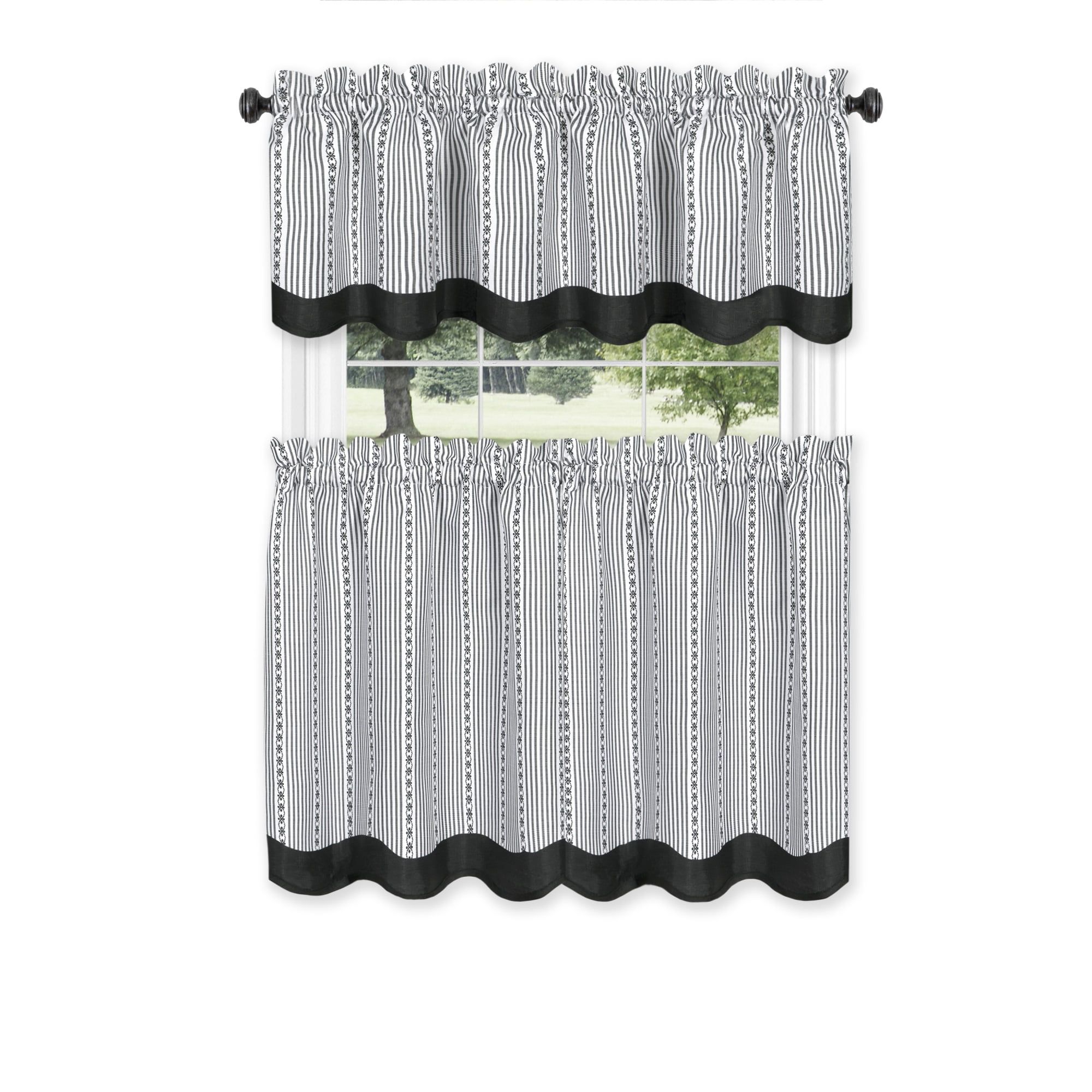 Black and White Polyester Rod Pocket Tier Curtains with Valance