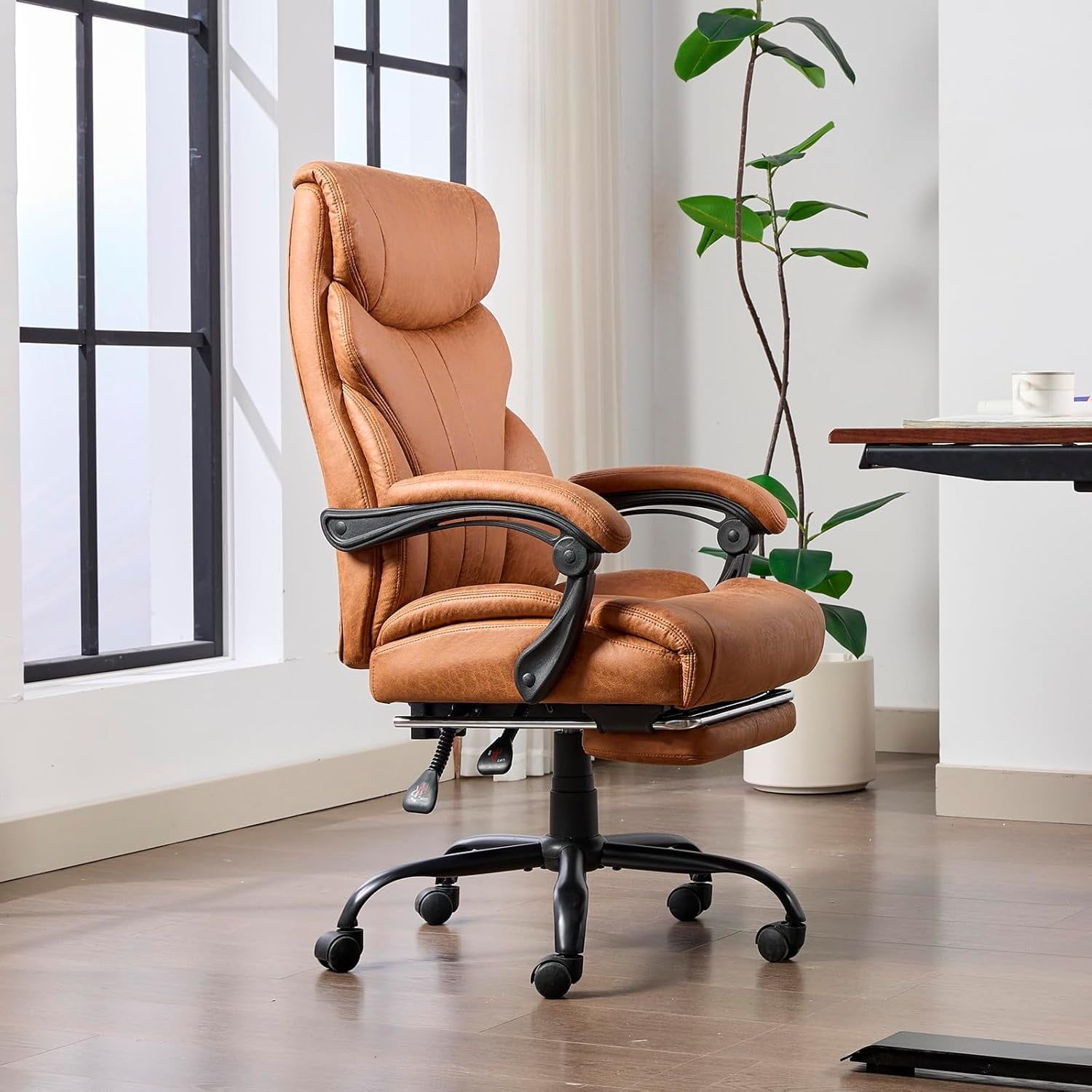 Brown PU Leather Ergonomic Swivel Office Chair with Footrest