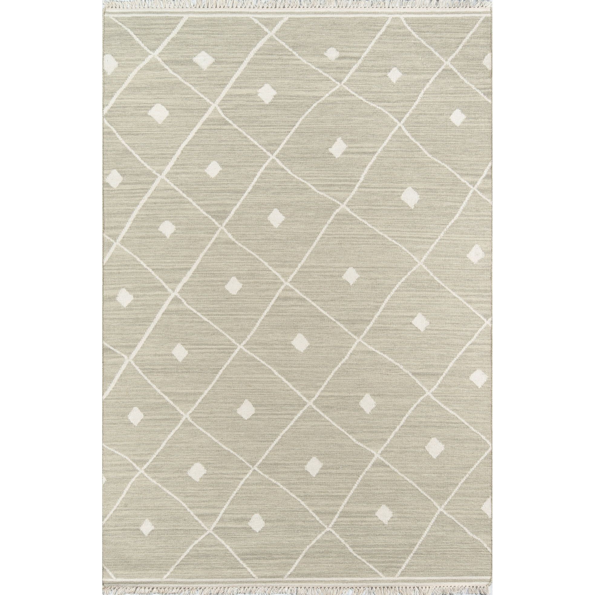 Sage Geometric Flat Woven Wool Area Rug with Fringe, 5' x 7'