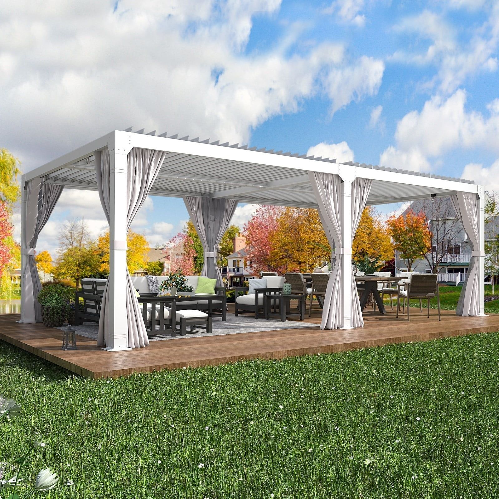 White 10' x 20' Adjustable Metal Roof Pergola with Curtains & Netting