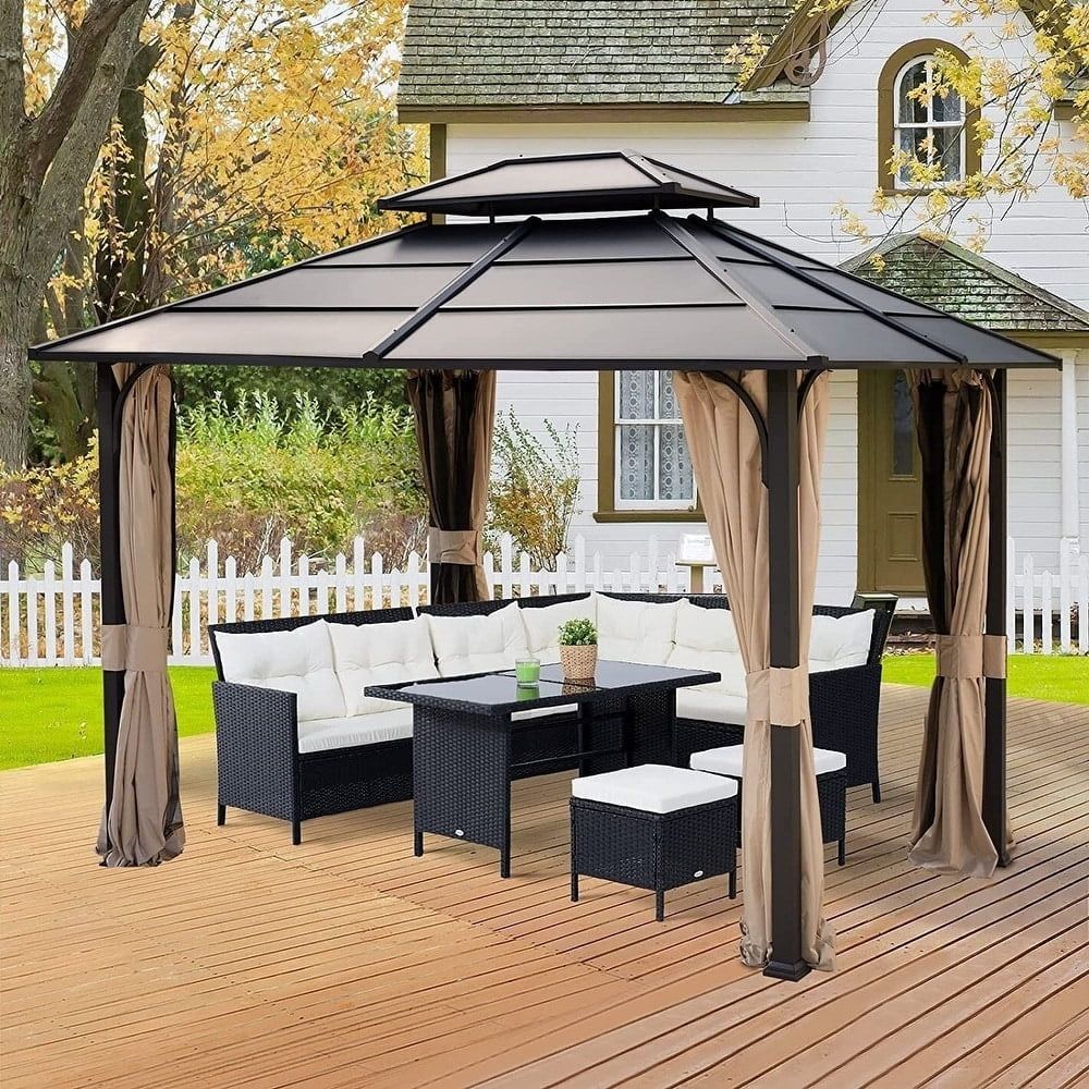 Black Metal Hardtop Patio Gazebo with Curtains and Netting, 10' x 12'