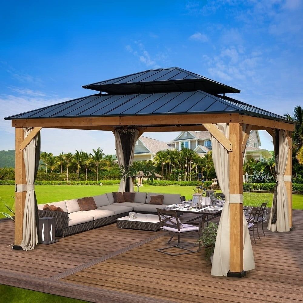 Richryce 13' x 15' Cedar Wood Gazebo with Metal Roof and Curtains