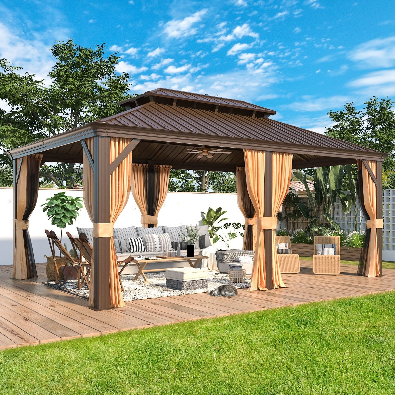 Erommy 12' x 18' Brown Aluminum and Steel Outdoor Gazebo with Curtains