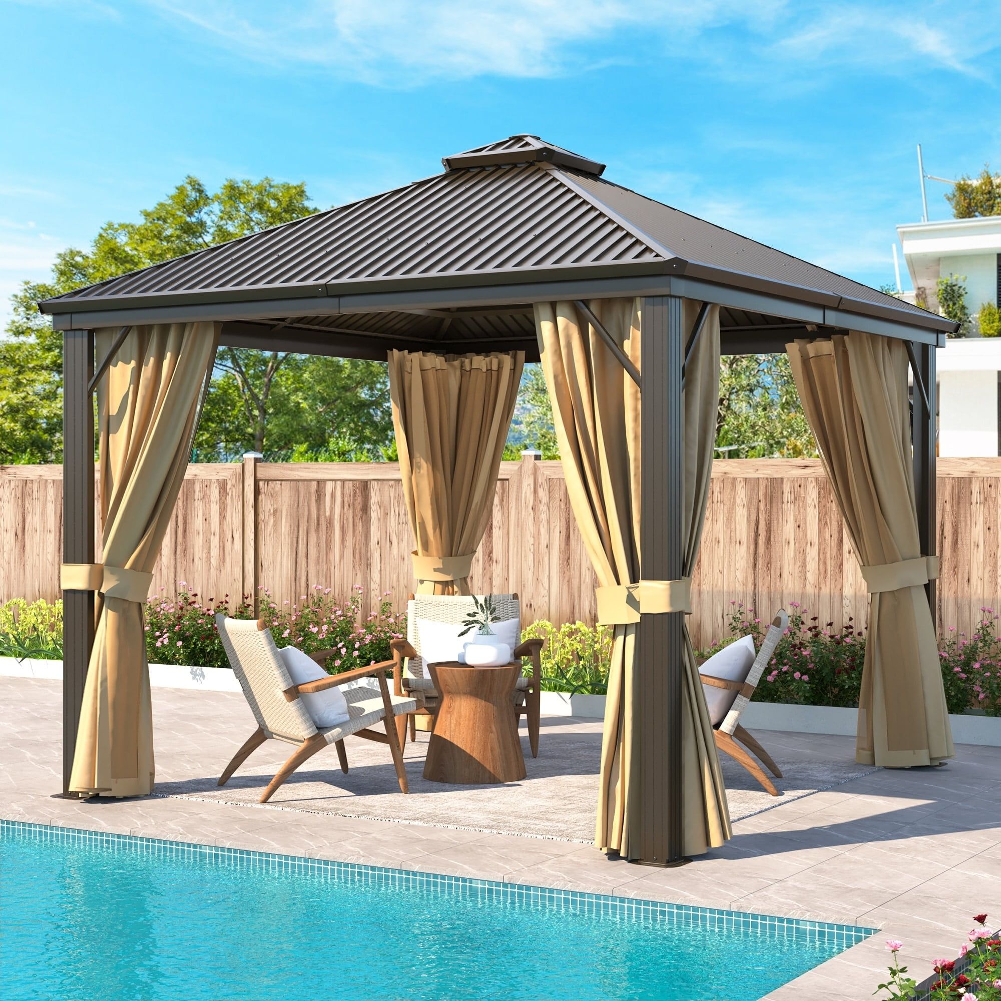 10'x10' Brown Aluminum Frame Hardtop Gazebo with Curtains and Netting