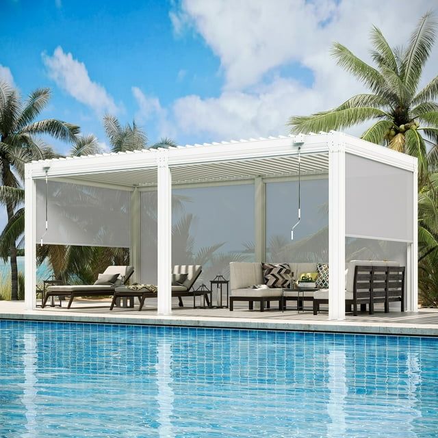 Erommy  Outdoor Louvered Pergola Gazebo with Adjustable Aluminum Rainproof Roof 10'x20' Pull Down - White