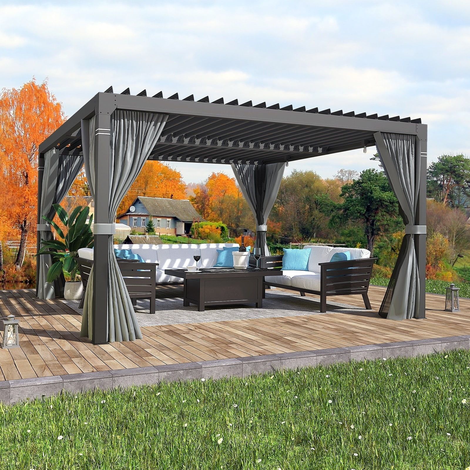 Matte Black Aluminum Louvered Pergola with Adjustable Roof, 10' x 10'