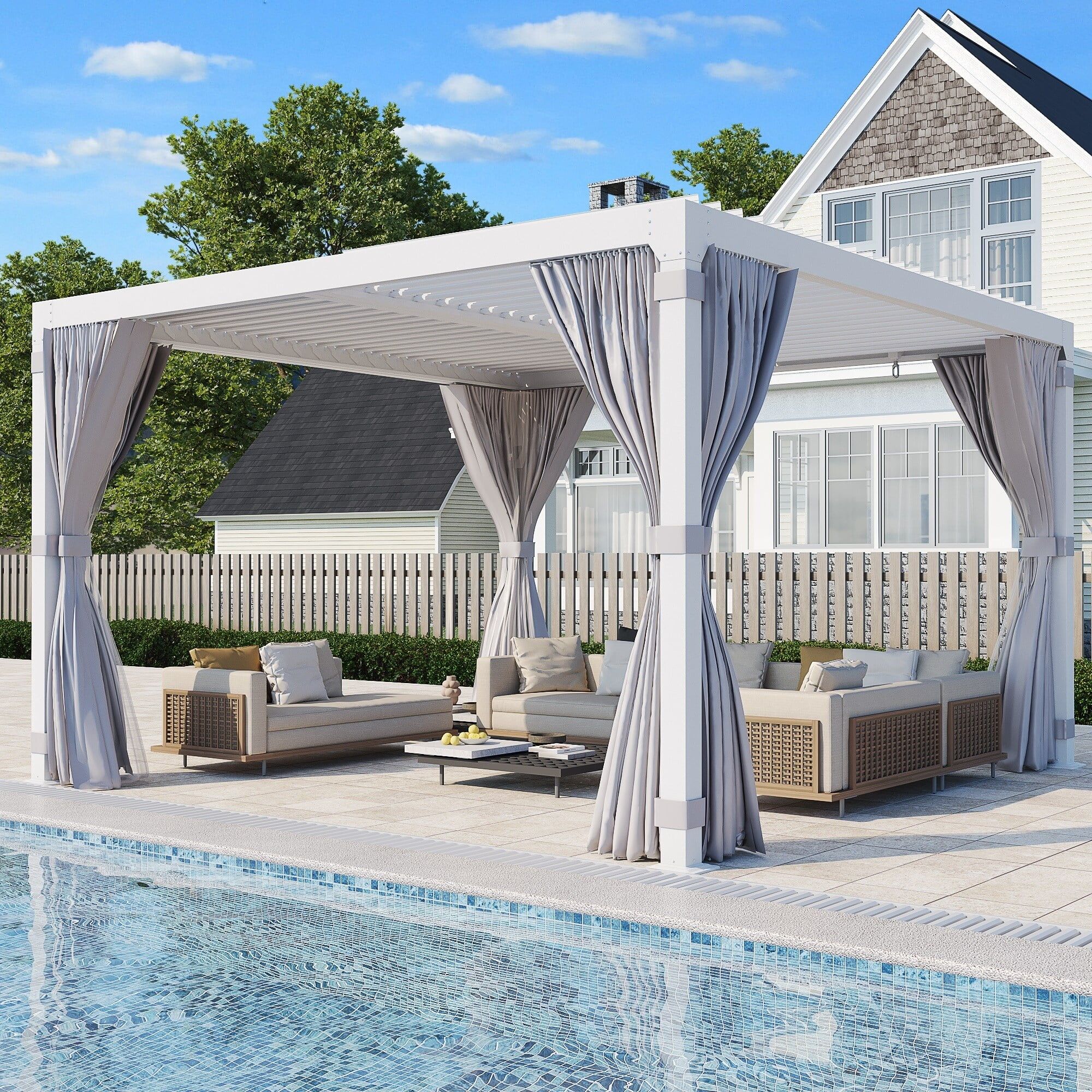 White Aluminum and Steel Louvered Pergola with Curtains and Netting