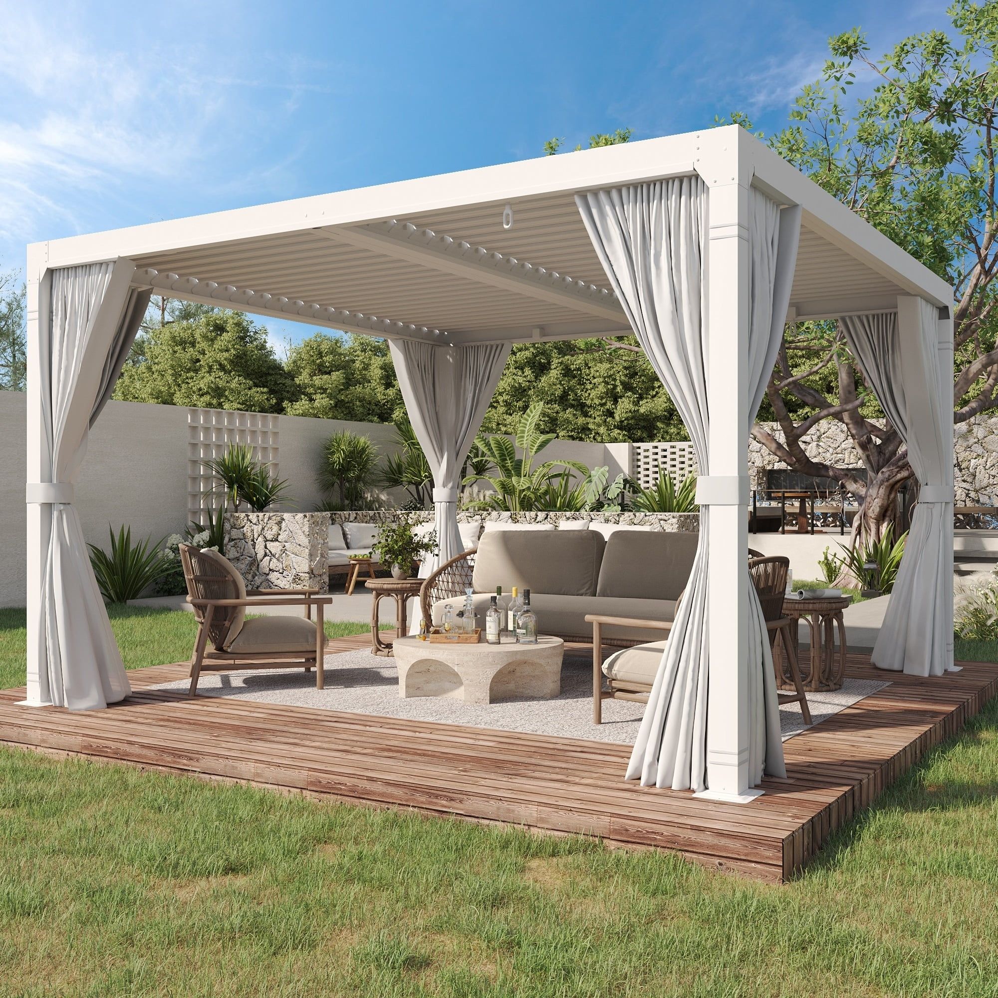 White 12' x 12' Aluminum Outdoor Pergola with Adjustable Roof and Curtains