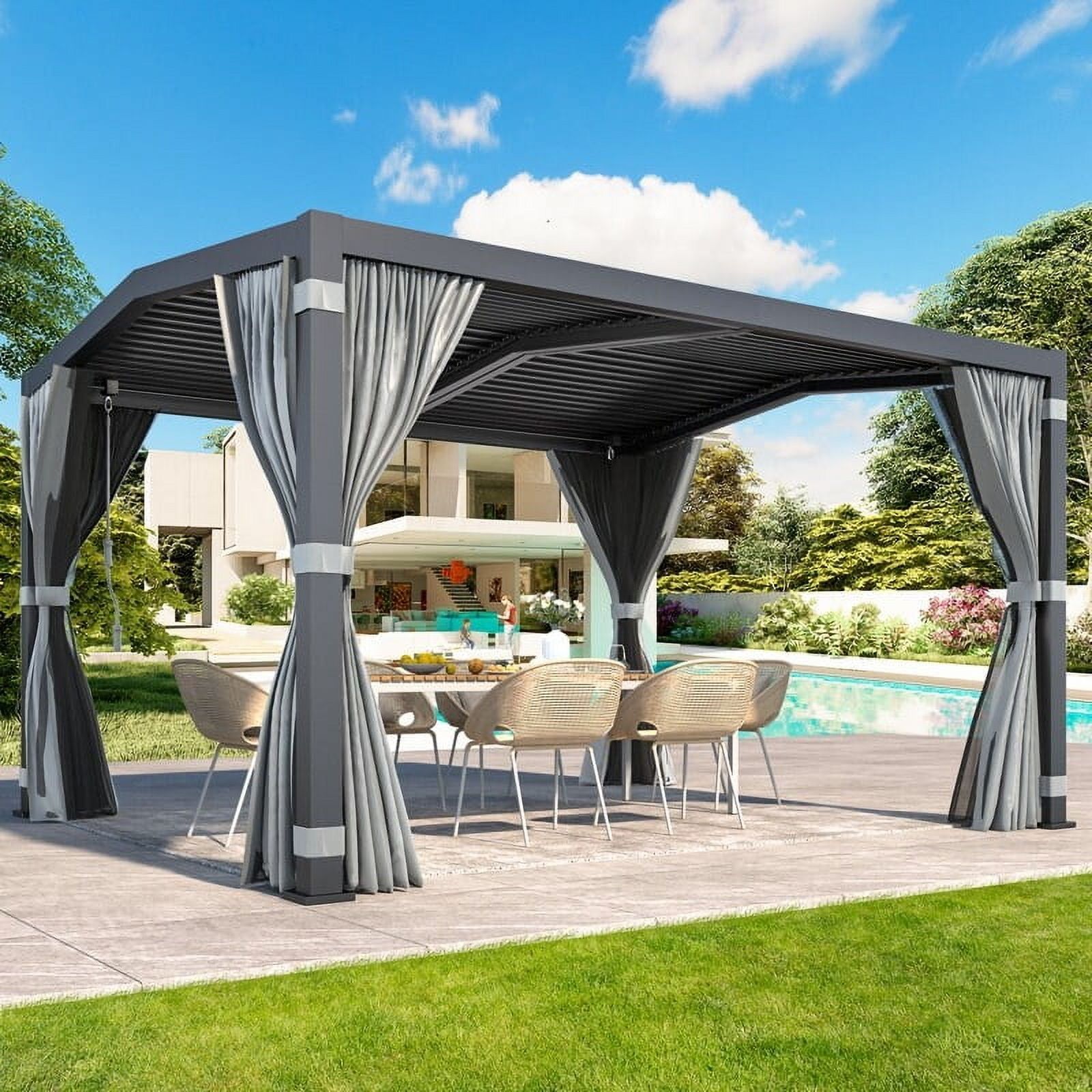 Grey Aluminum Outdoor Pergola with Adjustable Roof and Curtains