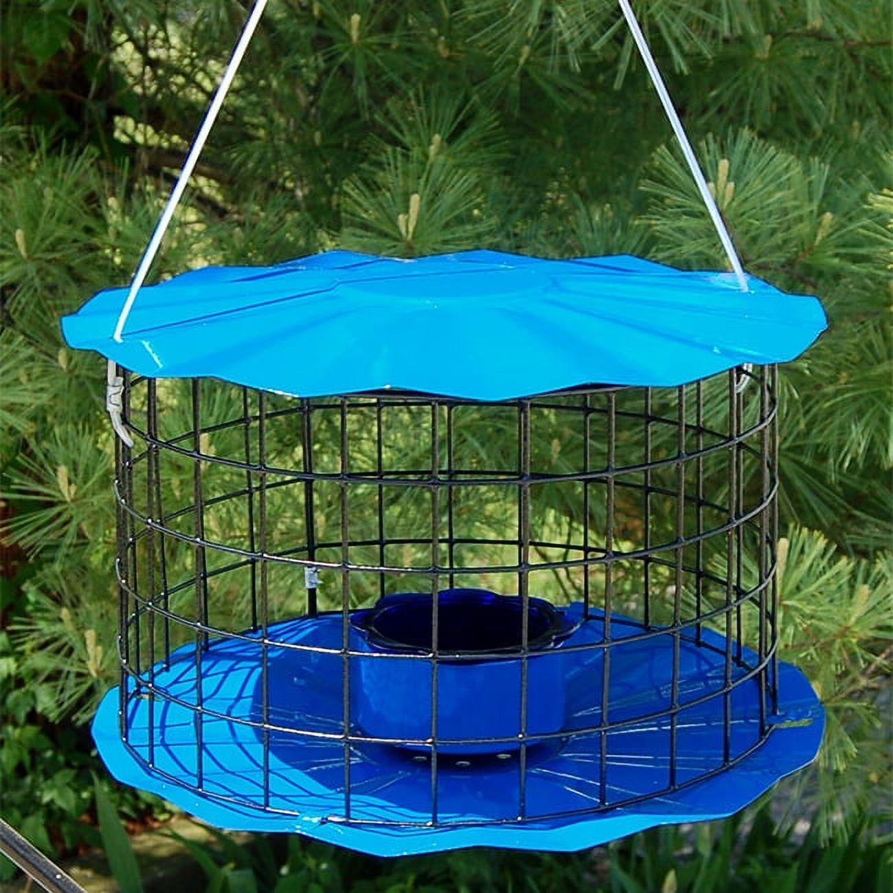 Blue Glass and Metal Squirrel Resistant Hanging Bird Feeder