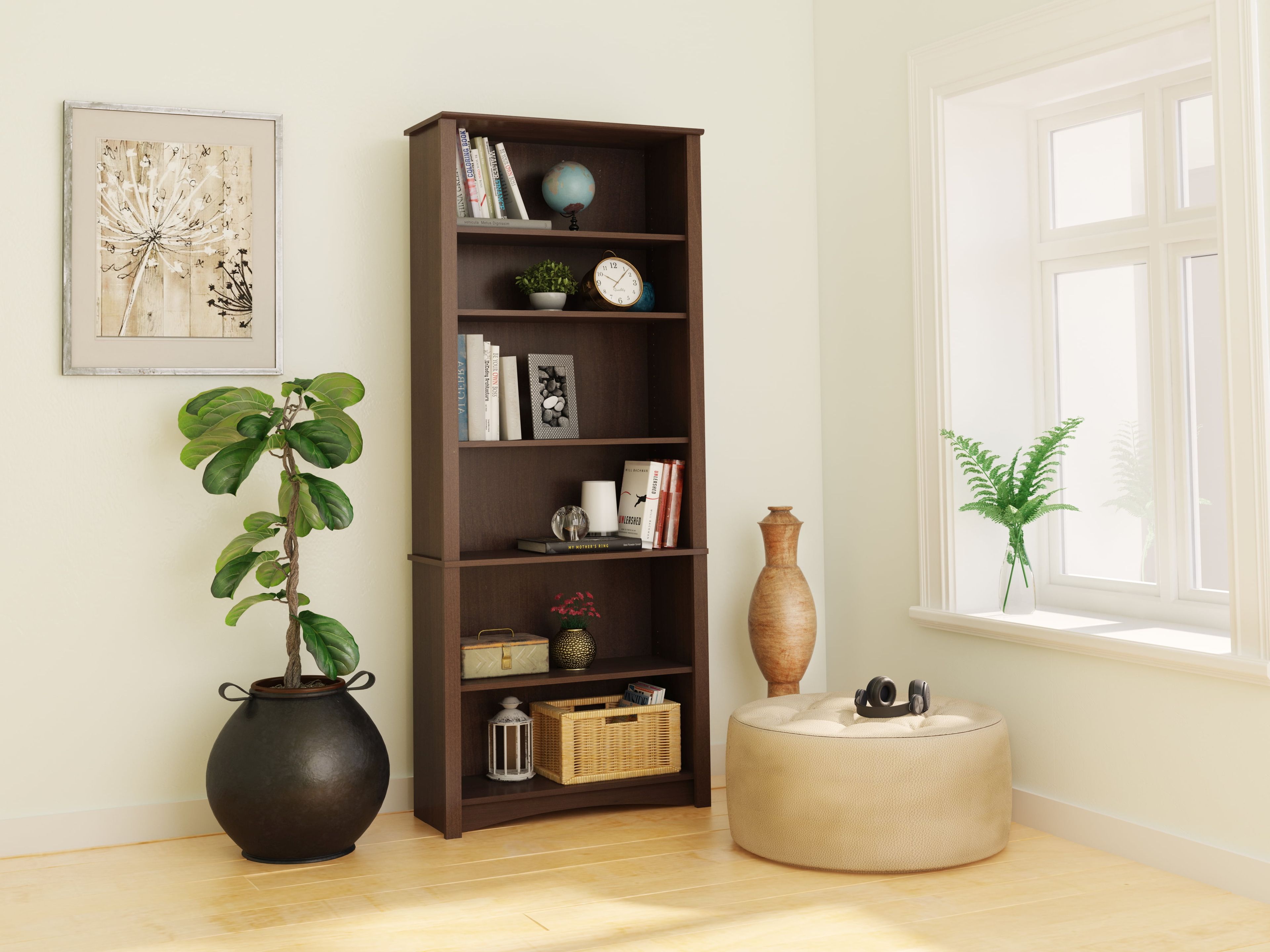 Adjustable Black Composite 77" 6-Shelf Bookcase