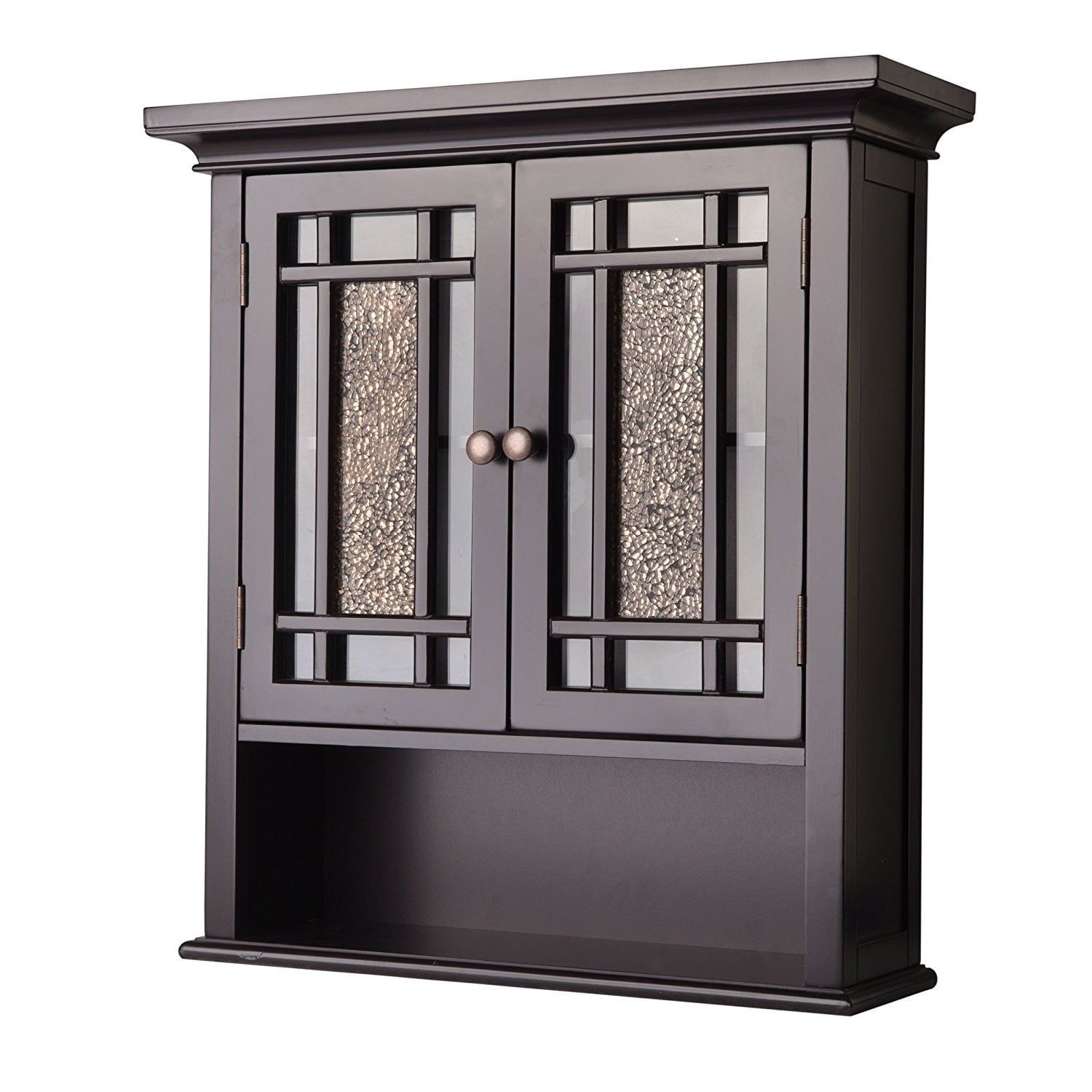 Espresso Bathroom Wall Cabinet with Amber Mosaic Glass and Shelves