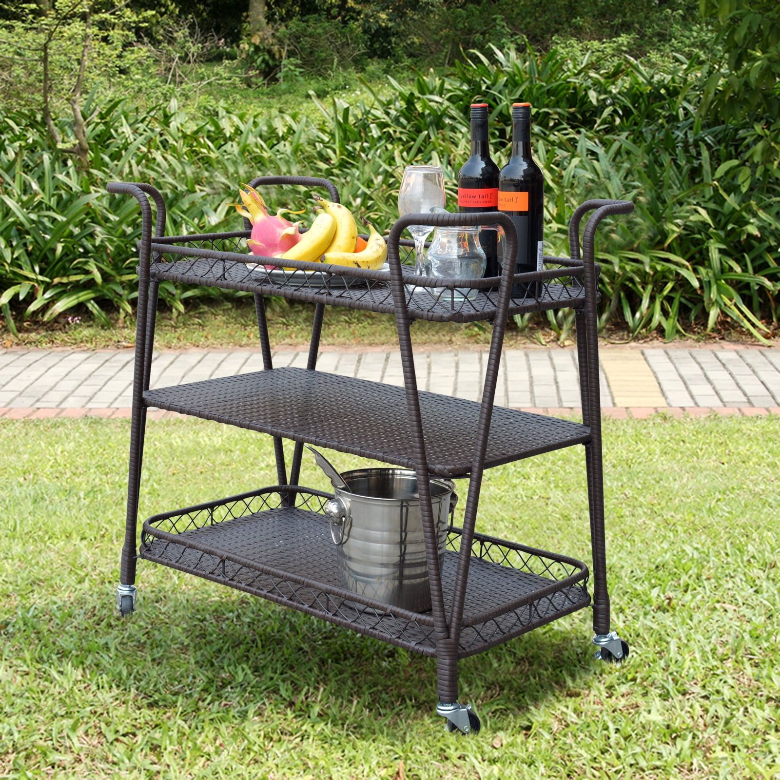 Espresso Resin Wicker 3-Tier Serving Cart with Storage