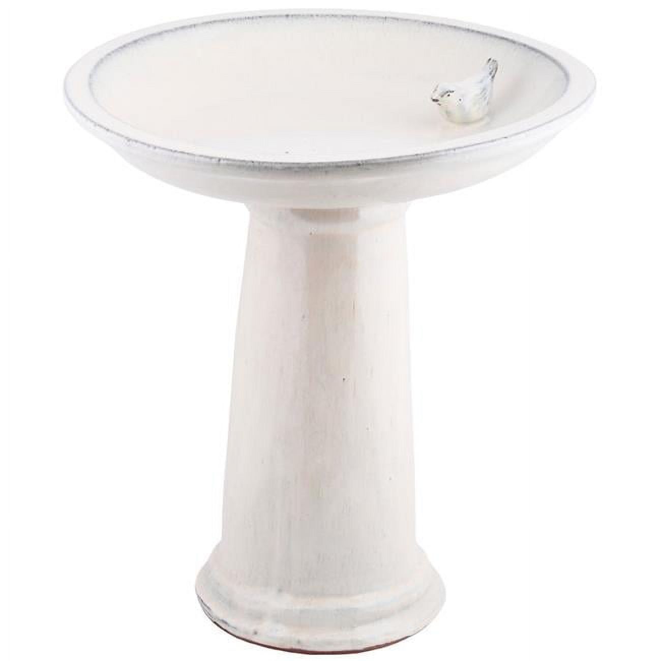 White Ceramic Bird Bath with Pedestal and Bird Figure