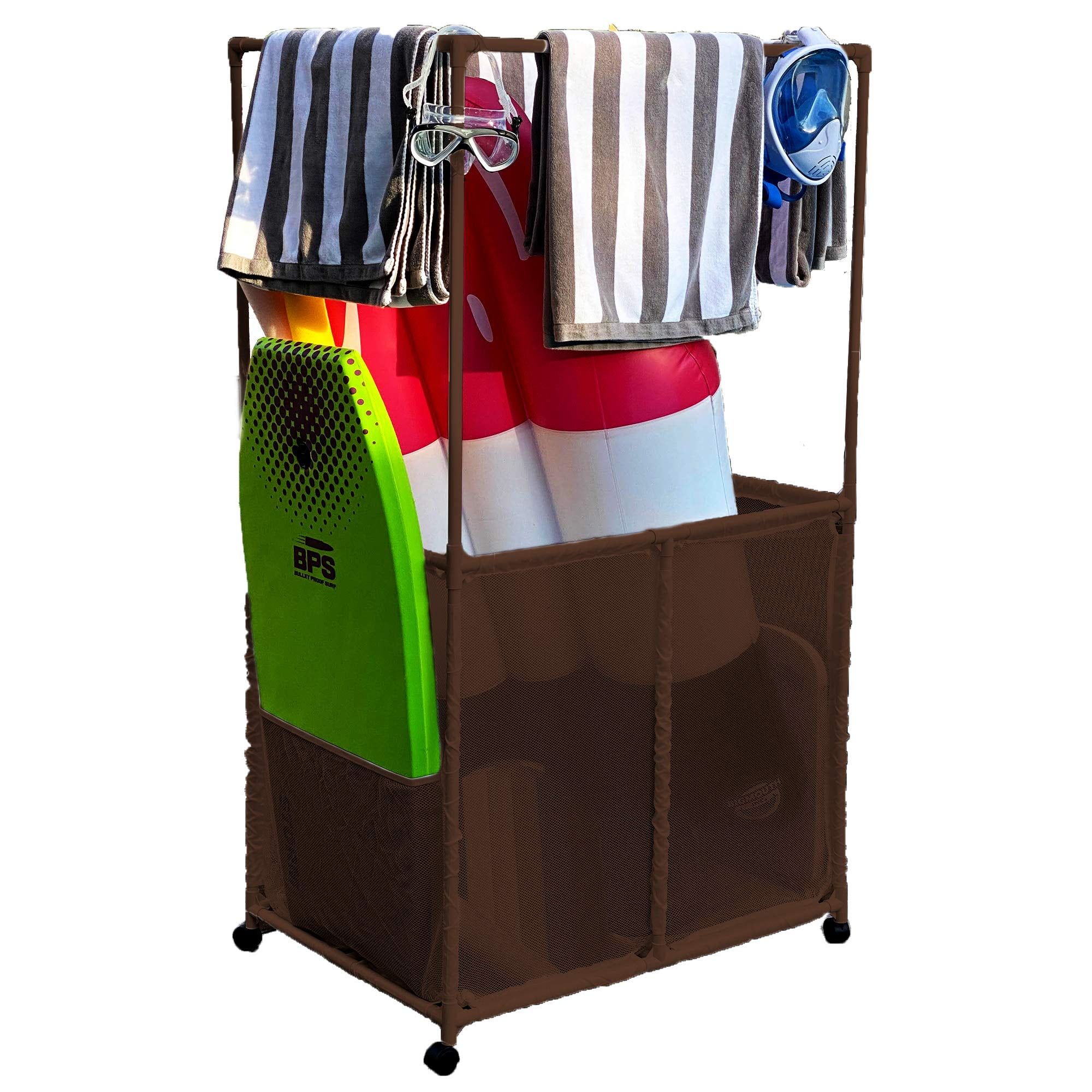 Brown PVC Rolling Pool Storage Organizer with Towel Bars
