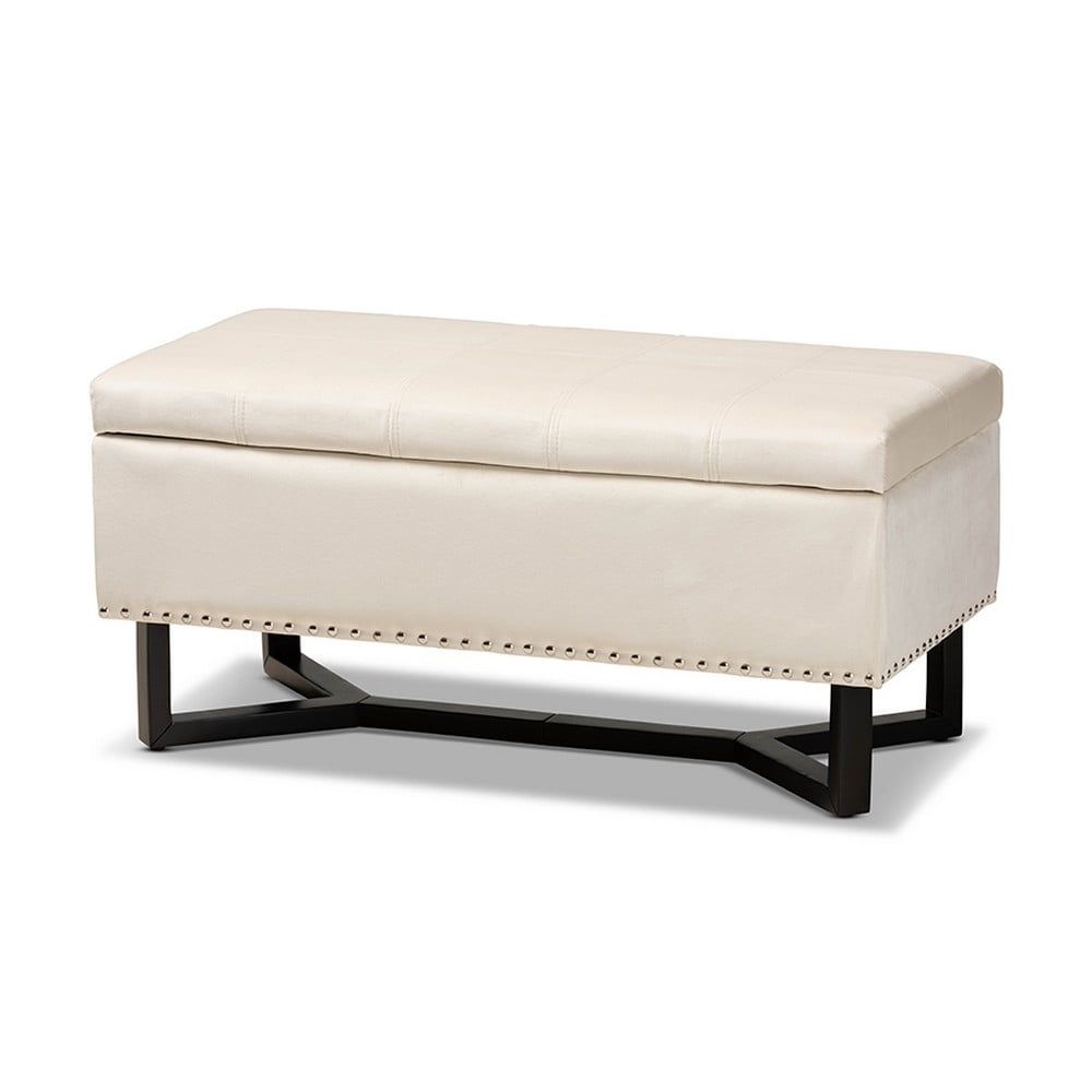 Esther Beige Velvet and Dark Brown Wood Tufted Storage Ottoman