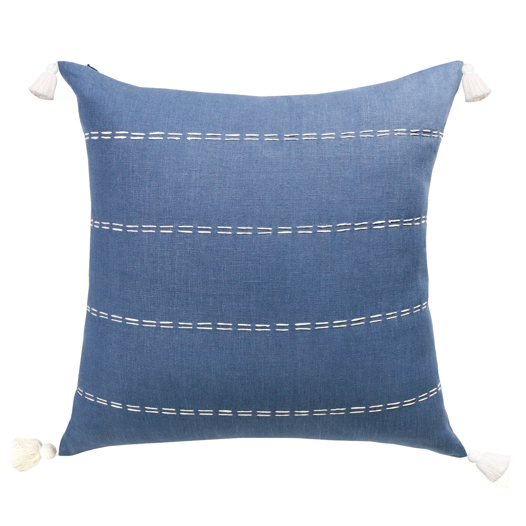 Navy Hand-Woven Embroidered Linen Throw Pillow with Tassels, 20" x 20"