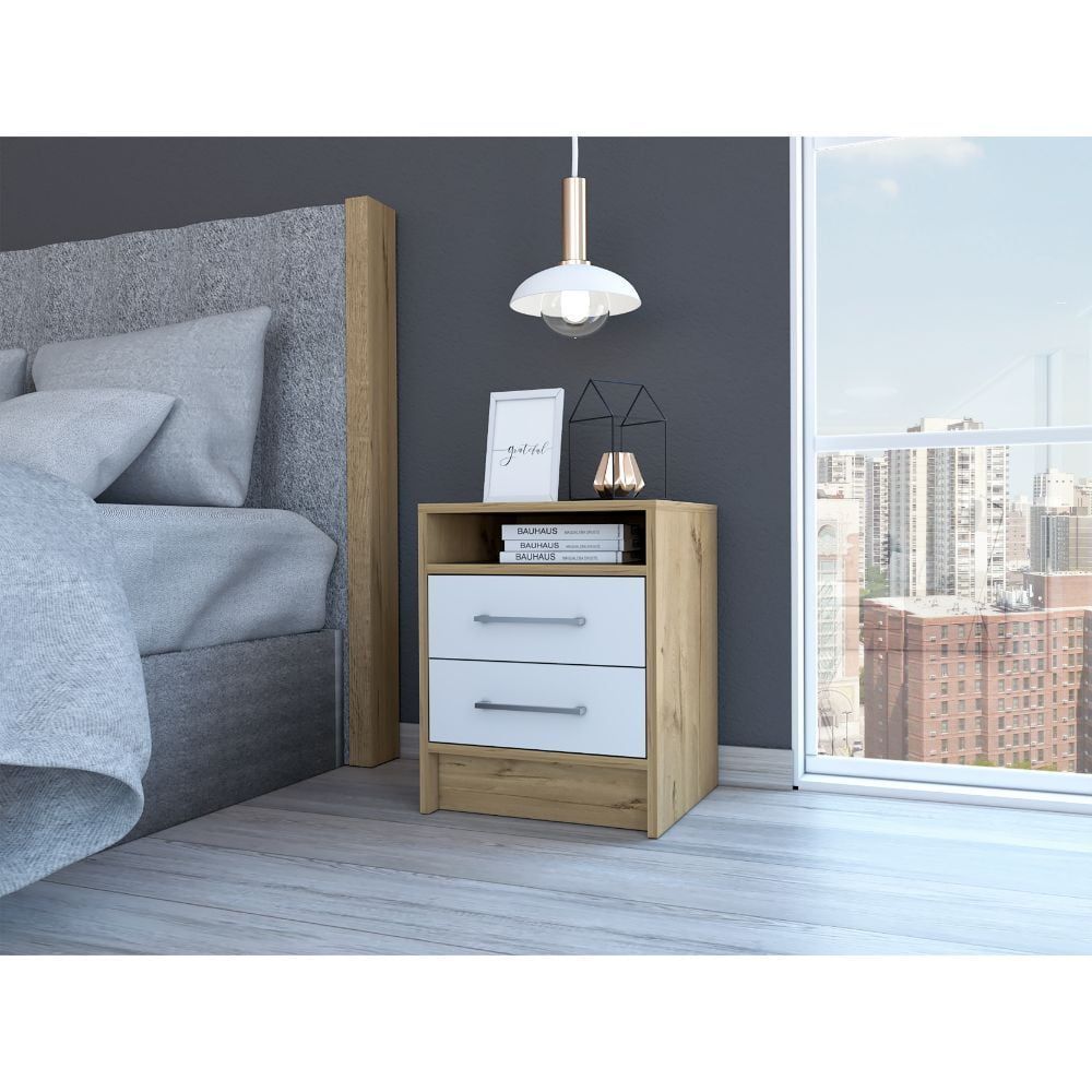 White and Light Oak 2-Drawer Modern Nightstand