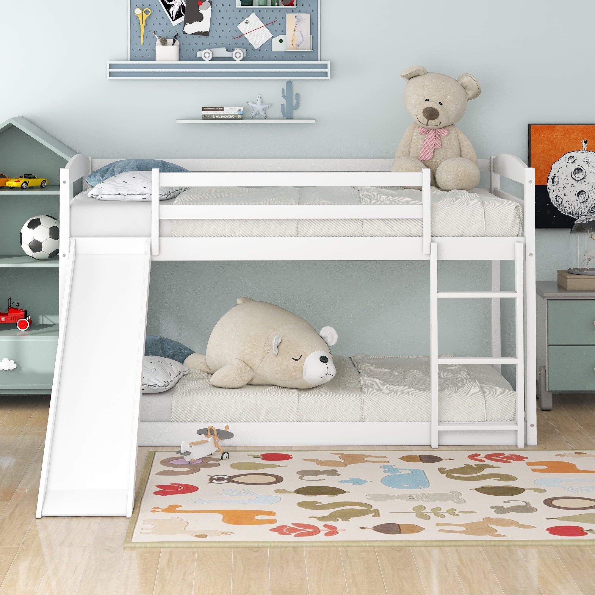 White Twin-over-Twin Bunk Bed with Slide and Storage Drawers