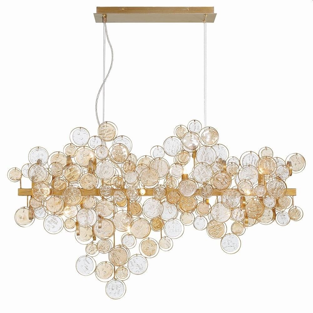 Trento Antique Gold 12-Light Linear Chandelier with Hand-Strung Glass Wafers