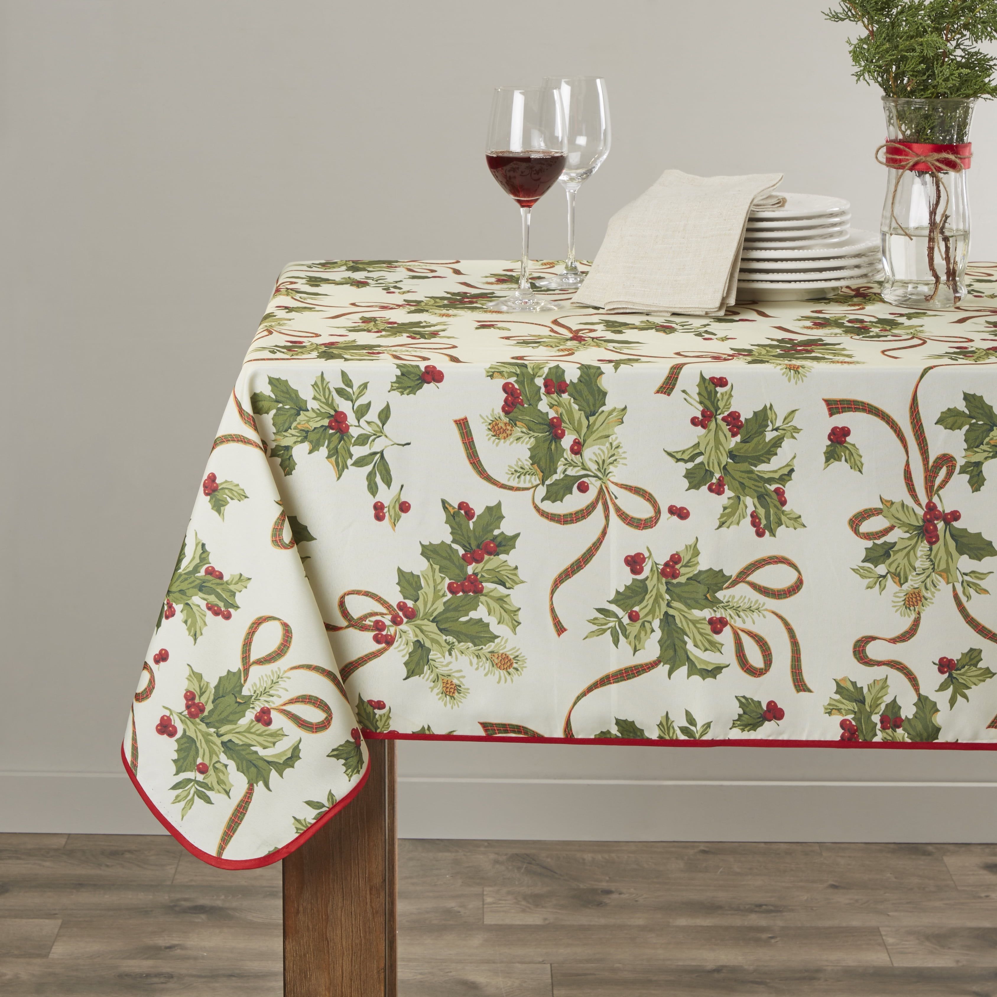 Beige and Green Festive Christmas Fabric Tablecloth 52" x 70"