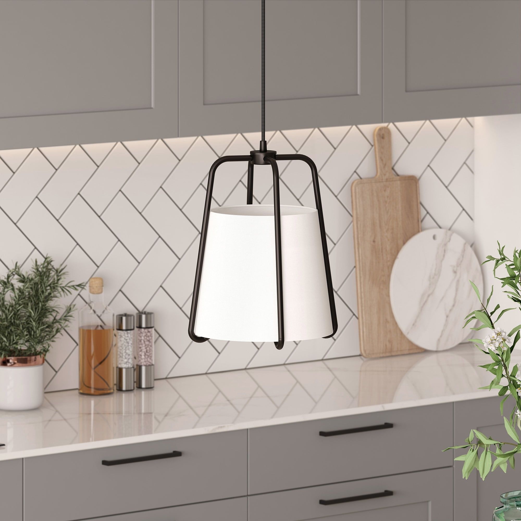 11" Blackened Bronze and White Fabric Drum Pendant Light