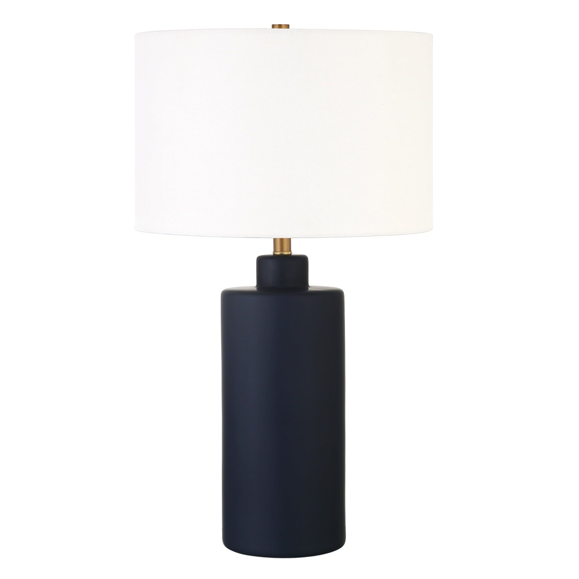 Navy Ceramic Cylinder Nightstand Lamp with White Linen Shade