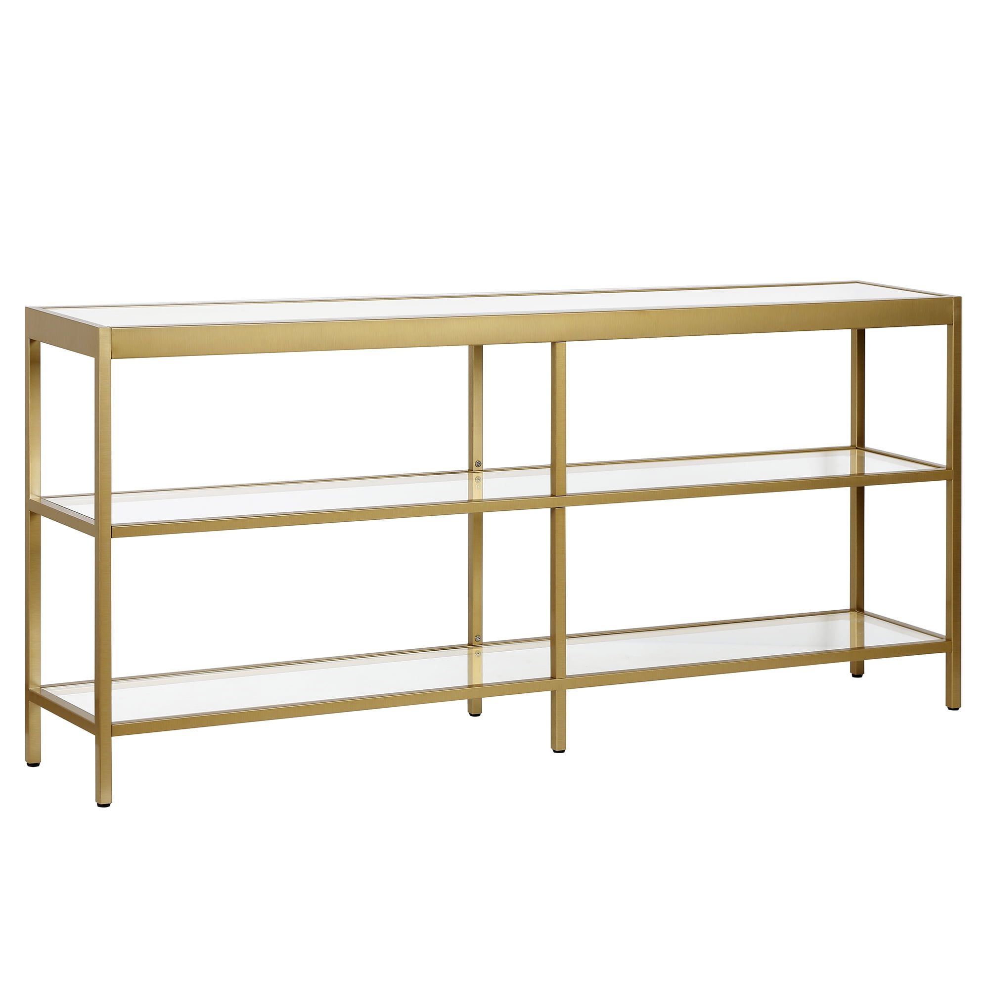 Evelyn & Zoe 64" Brass-Tempered Glass Console Table with Storage