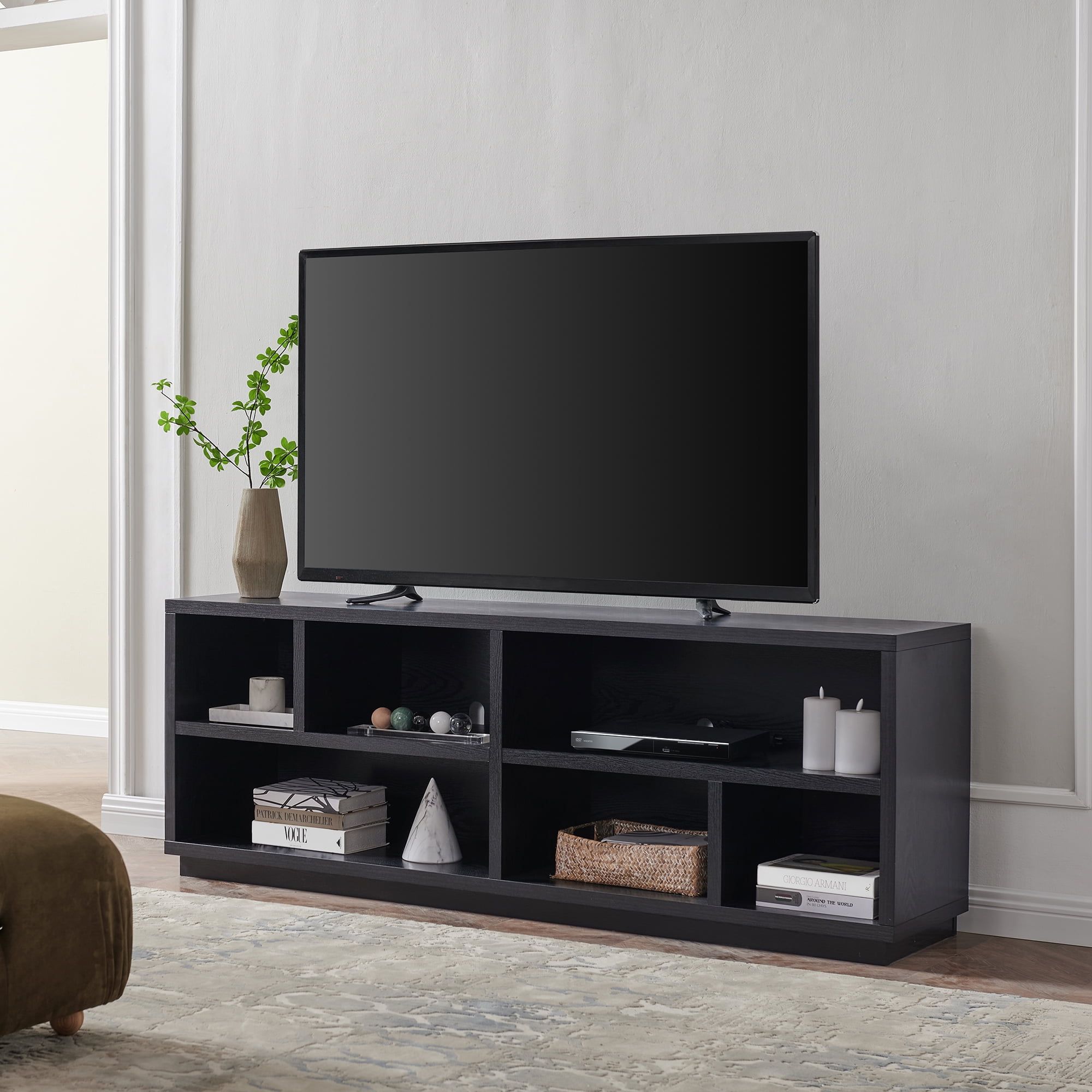 Bowman Black Grain 70" TV Stand with Storage Shelves