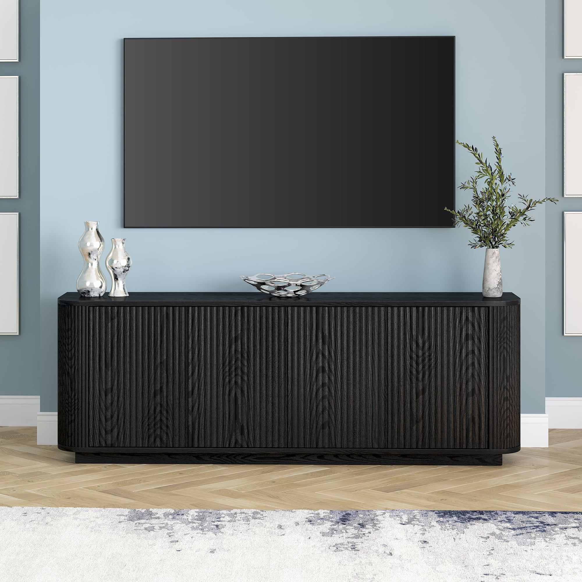 Black Grain Fluted 68" TV Stand with Cabinet