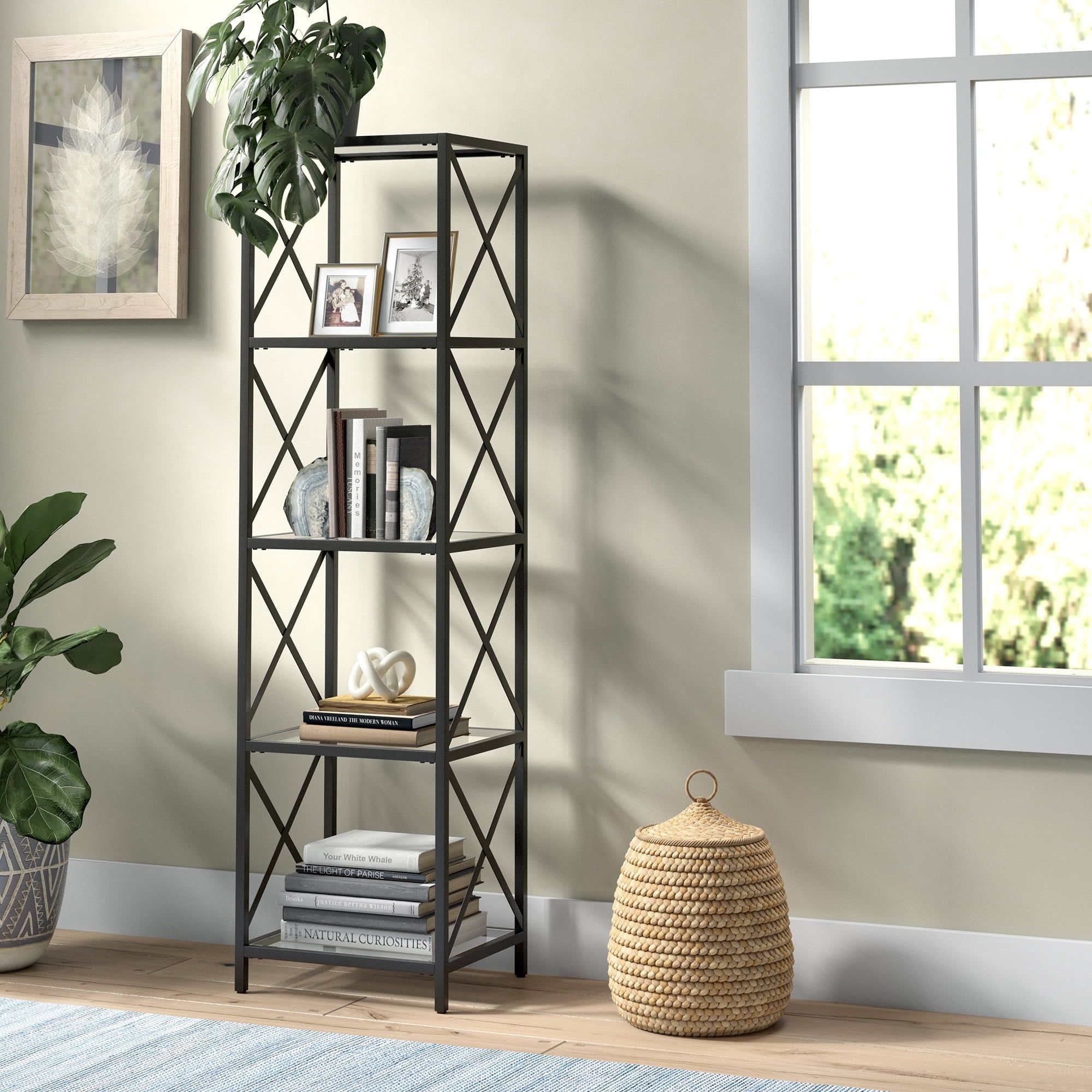 Modern Adjustable Black Steel Bookcase with Tempered Glass Shelves