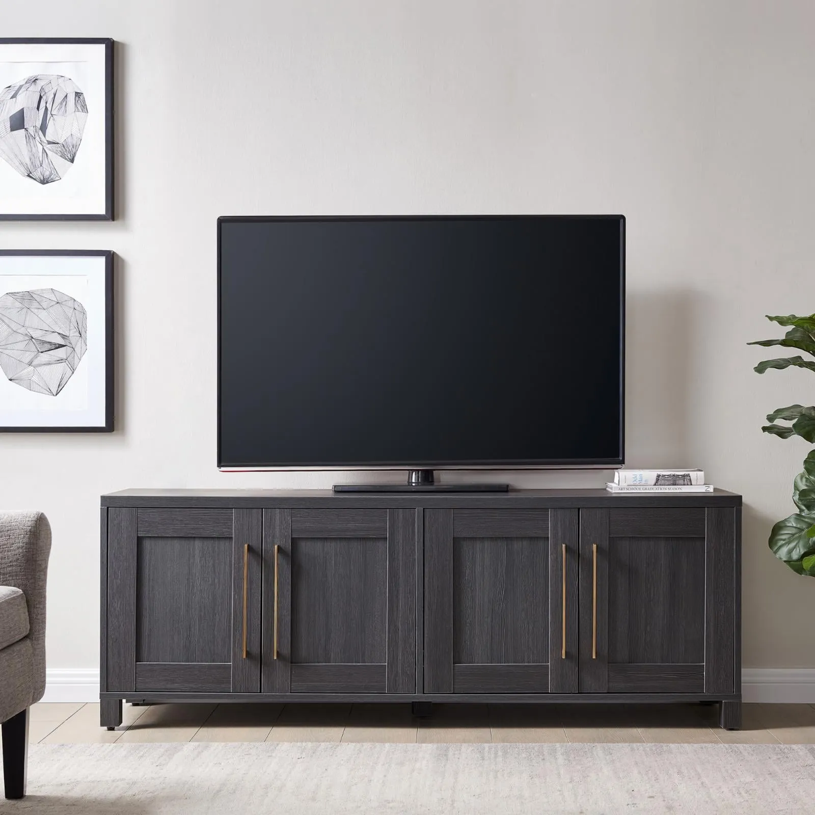 Transitional Black Grain 68'' TV Stand with Brass Hardware