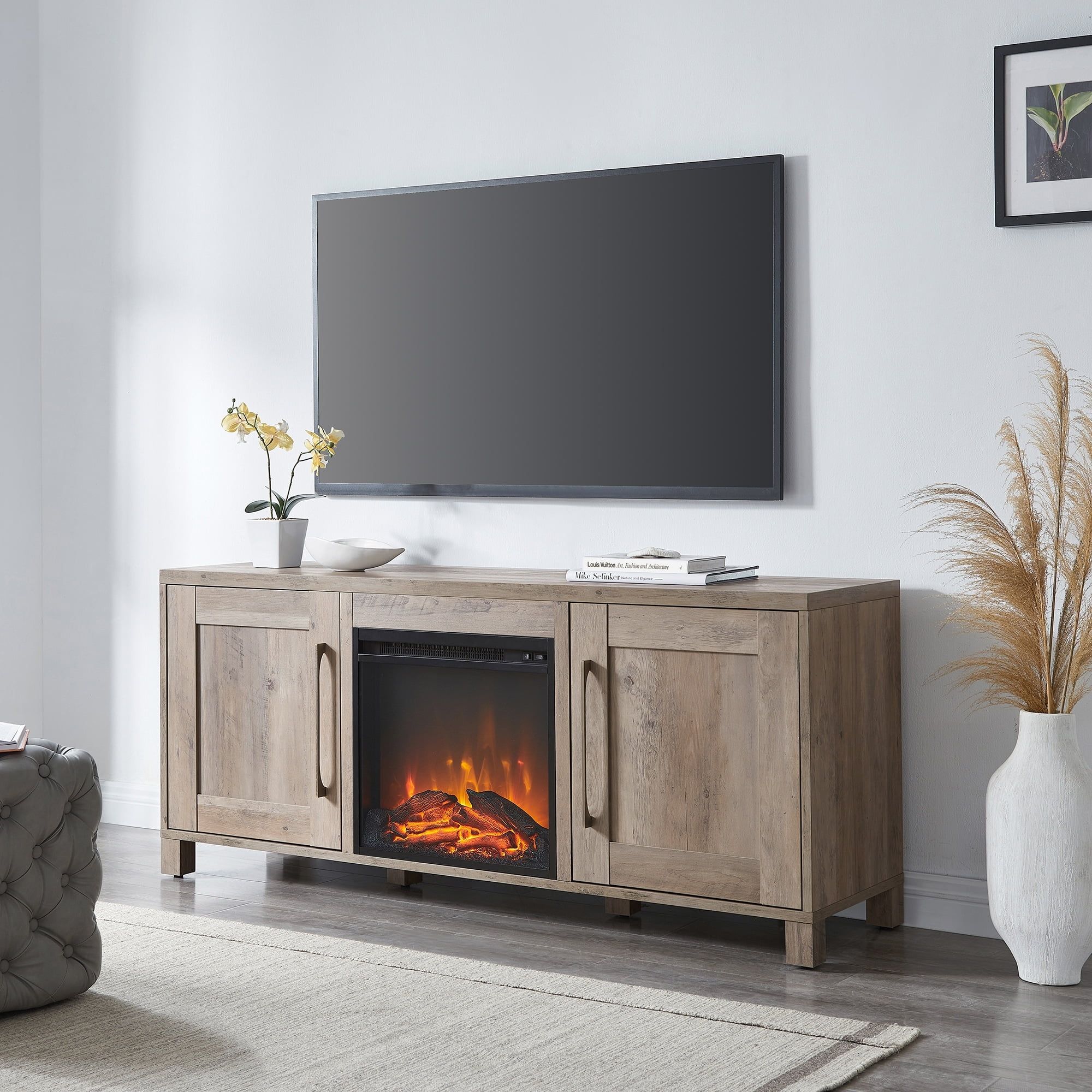 Modern 58" Gray Oak TV Stand with Fireplace and Cabinets