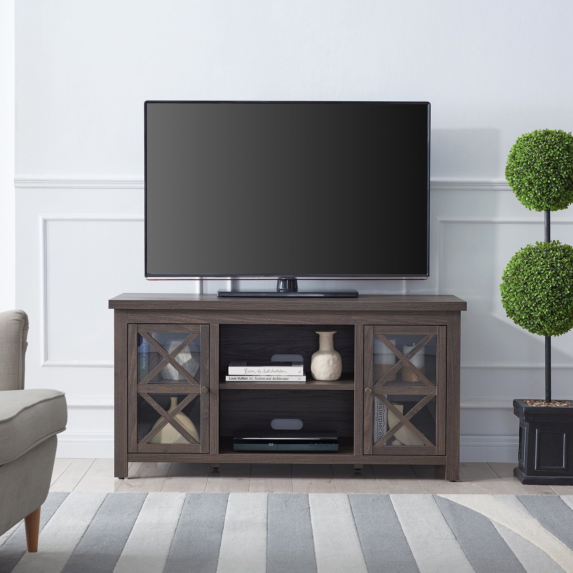 Modern Farmhouse Alder Brown TV Stand with Crisscross Cabinet Doors