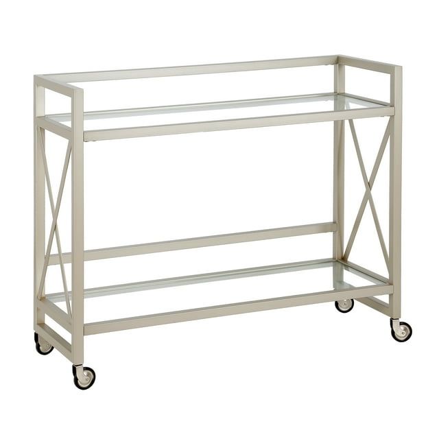 Contemporary Satin Nickel Rolling Bar Cart with Glass Shelves
