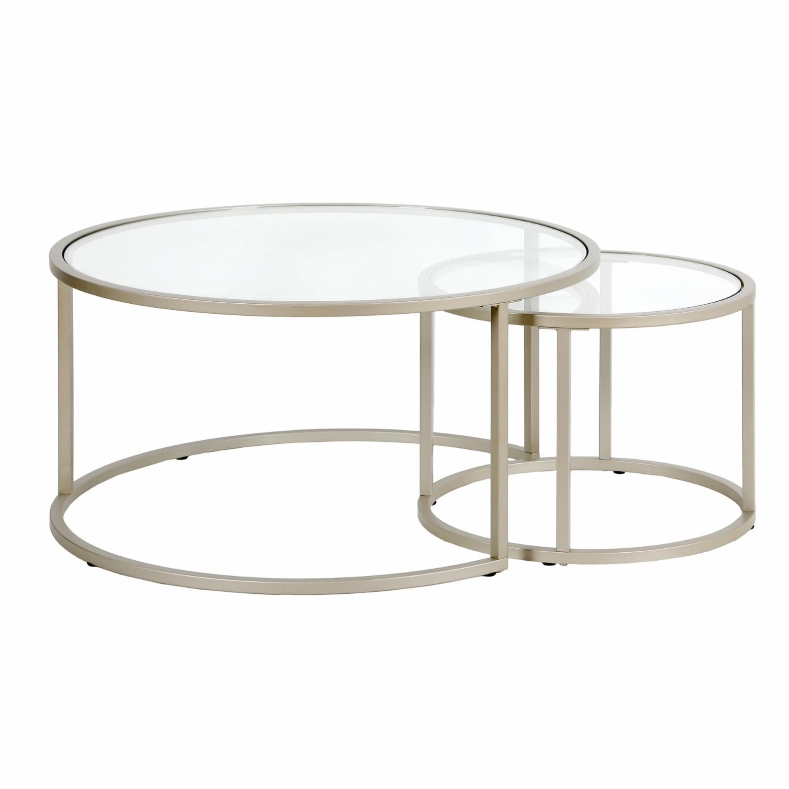 Satin Nickel Round Nested Glass Coffee Table Set, 35"