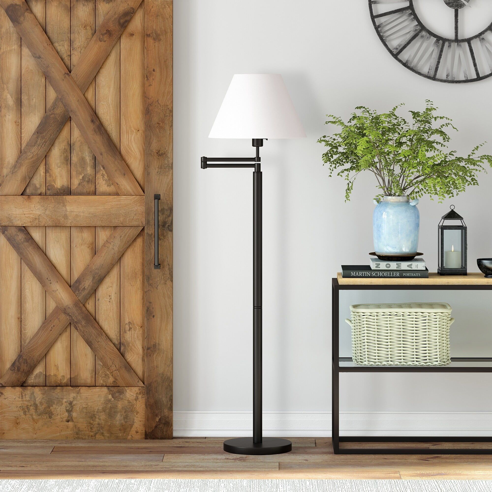 Blackened Bronze Adjustable Swing Arm Floor Lamp with White Shade