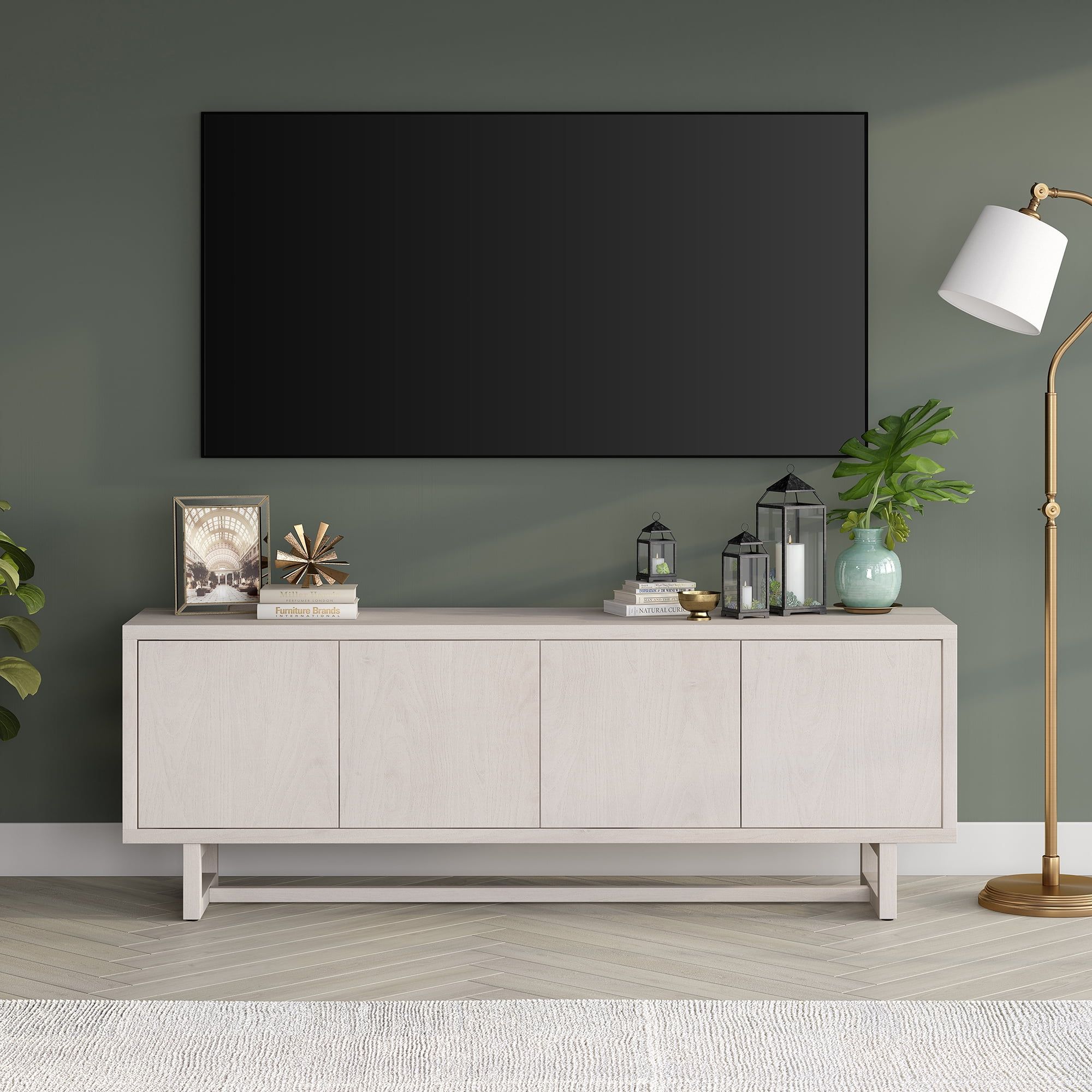 Alder White Modern Rectangular TV Stand with Cabinets