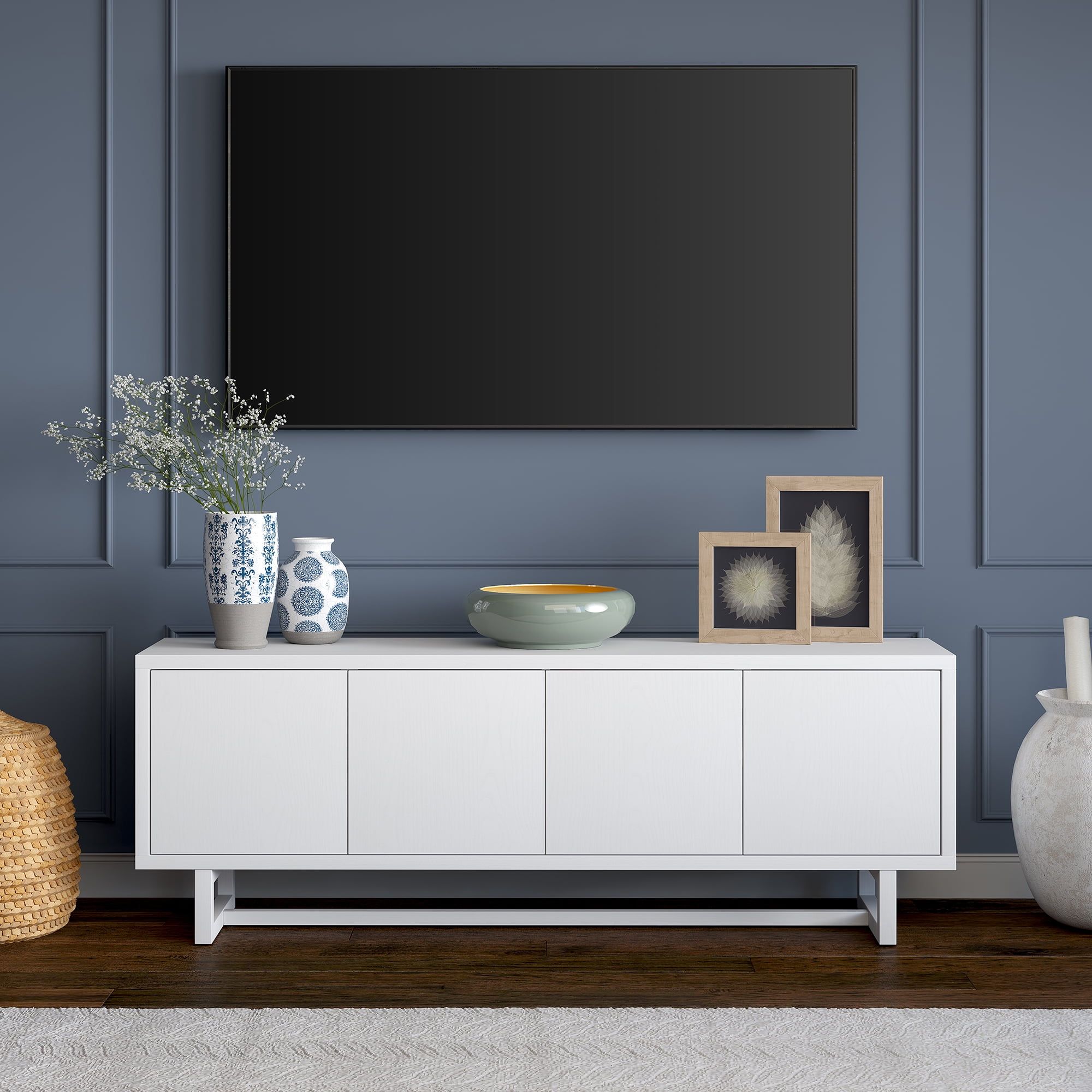 White Modern Rectangular TV Stand with Cabinets, 68"