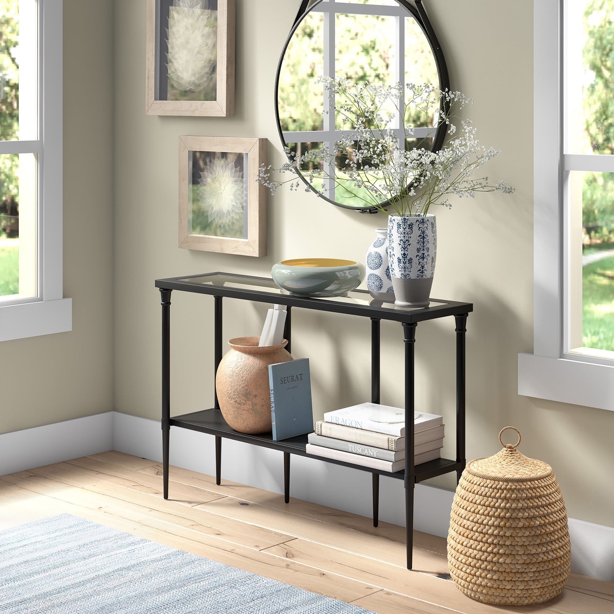 Modern Farmhouse 45" Blackened Bronze Metal & Glass Console Table with Storage