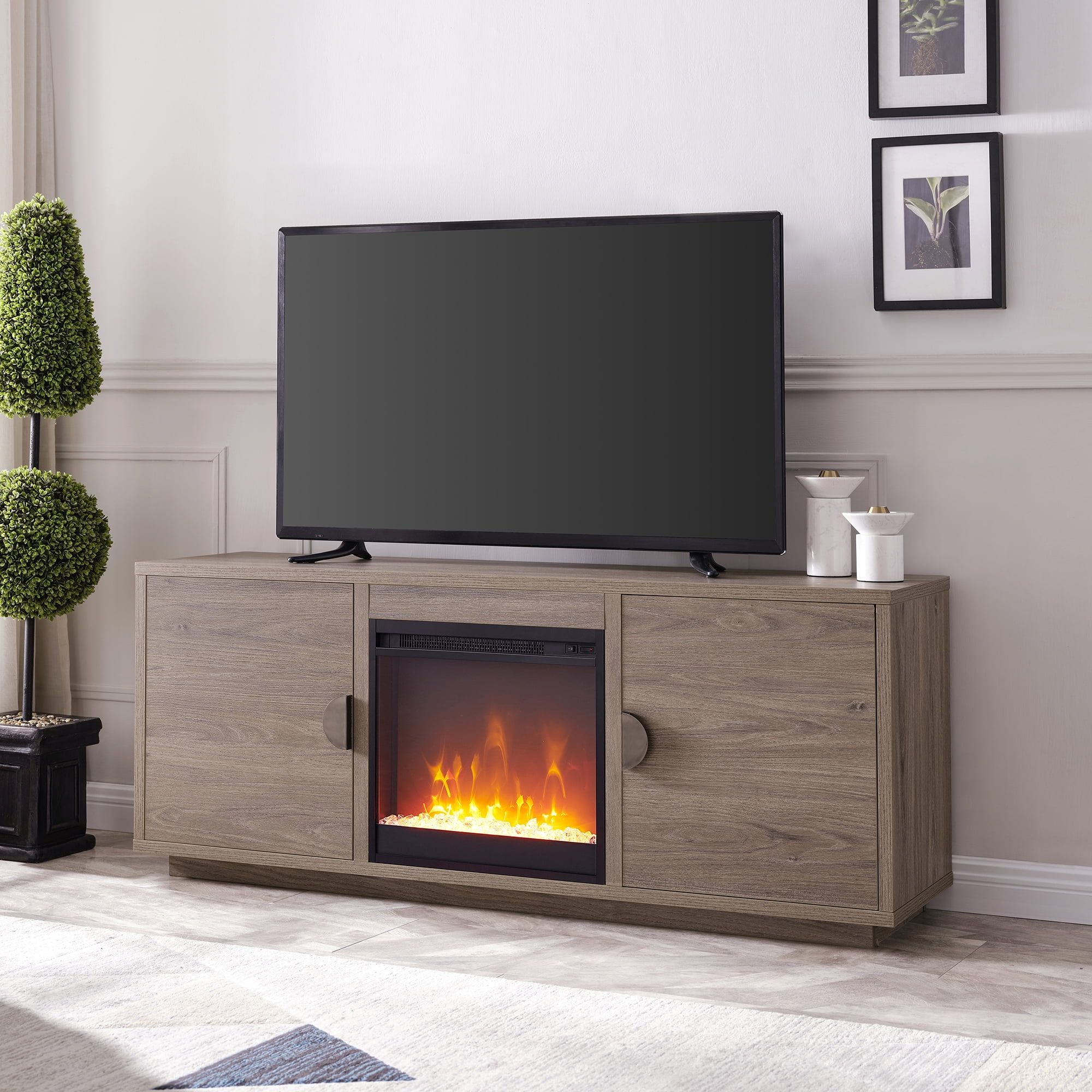 Antiqued Gray Oak TV Stand with Crystal Fireplace