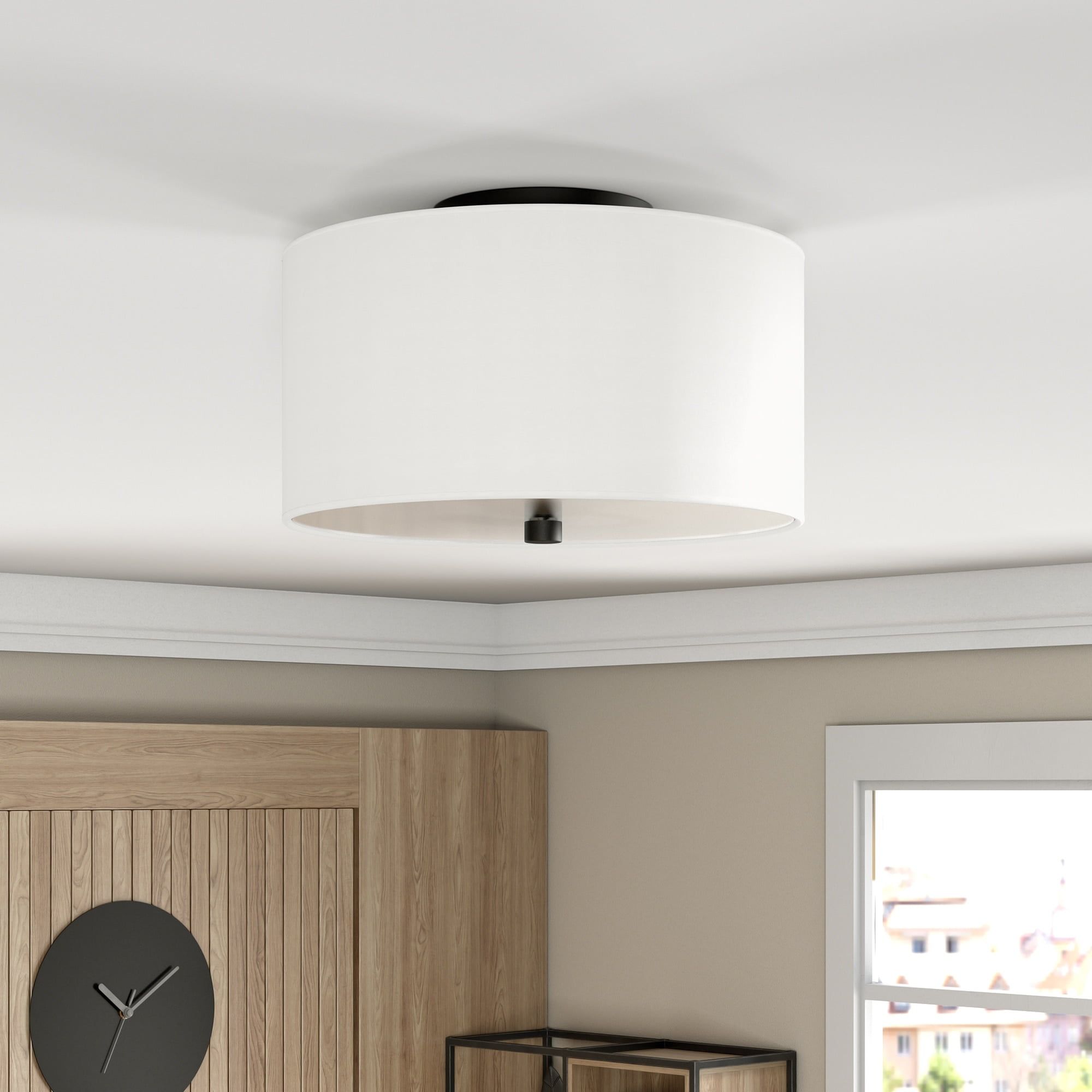 Ellis Matte Black 12" Modern Drum Flush Mount with Brass Accents