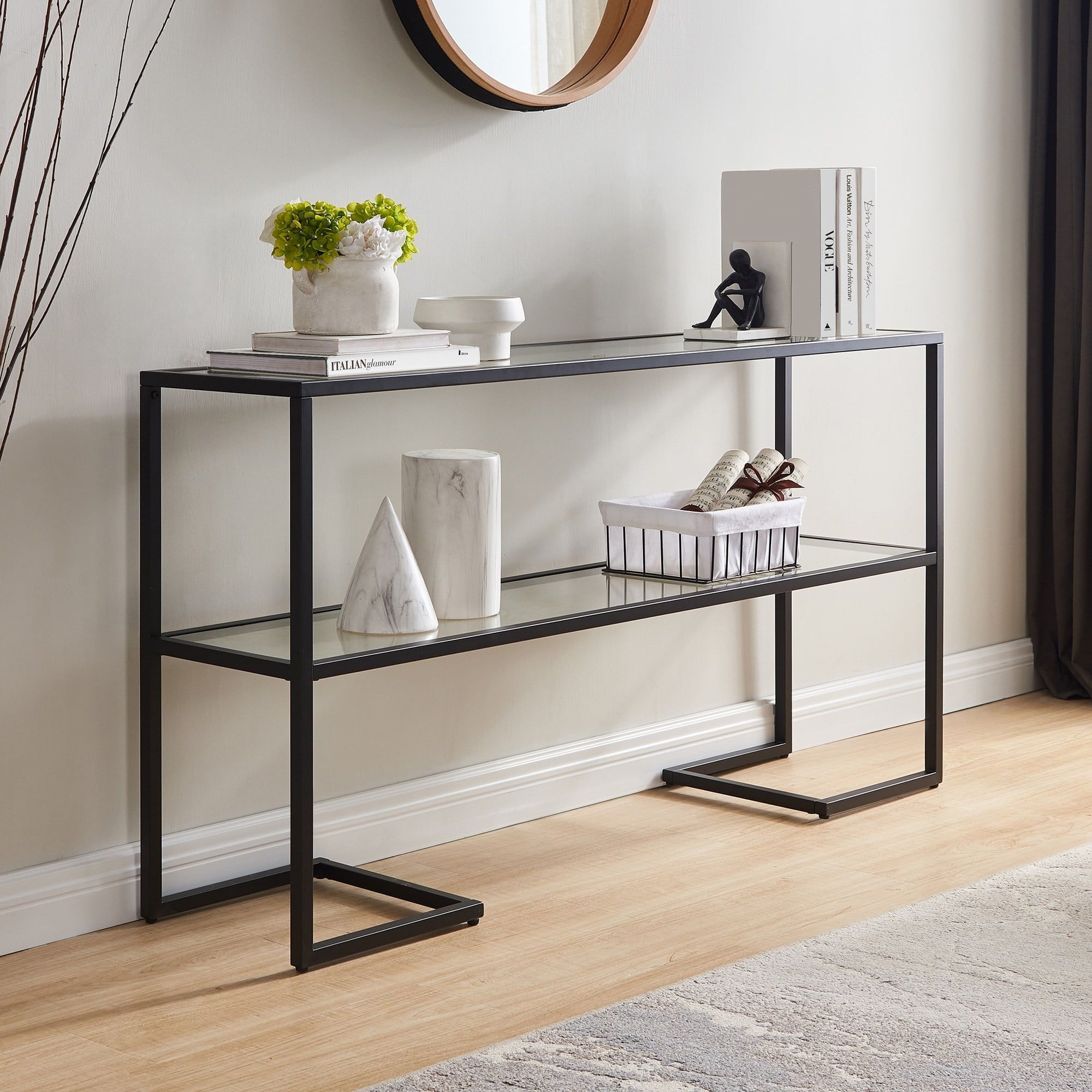 Blackened Bronze 55" Rectangular Console Table with Glass Shelf