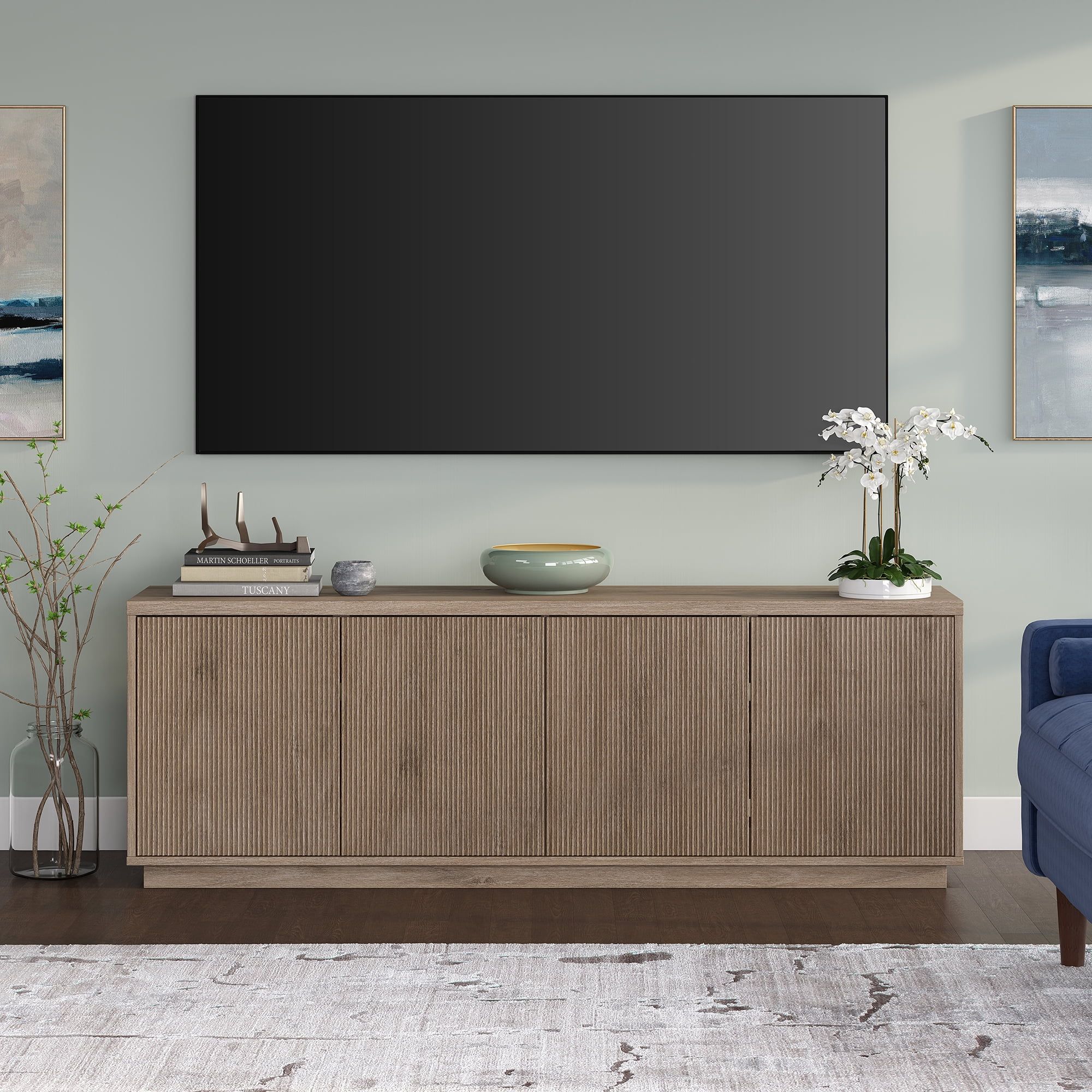 Antiqued Gray Oak Rectangular TV Stand with Cabinet for TVs up to 75"