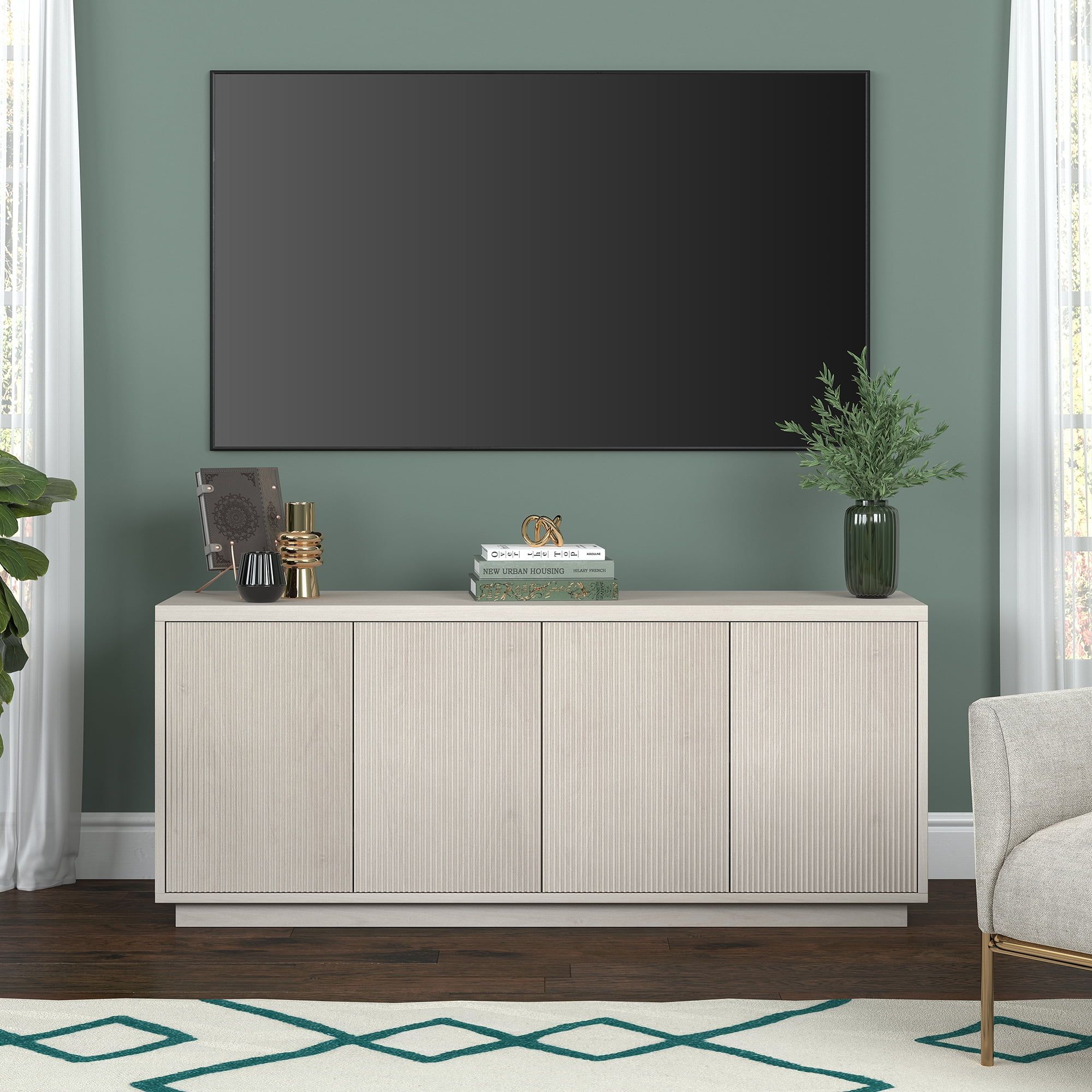 Alder White 57" Modern TV Stand with Cabinet