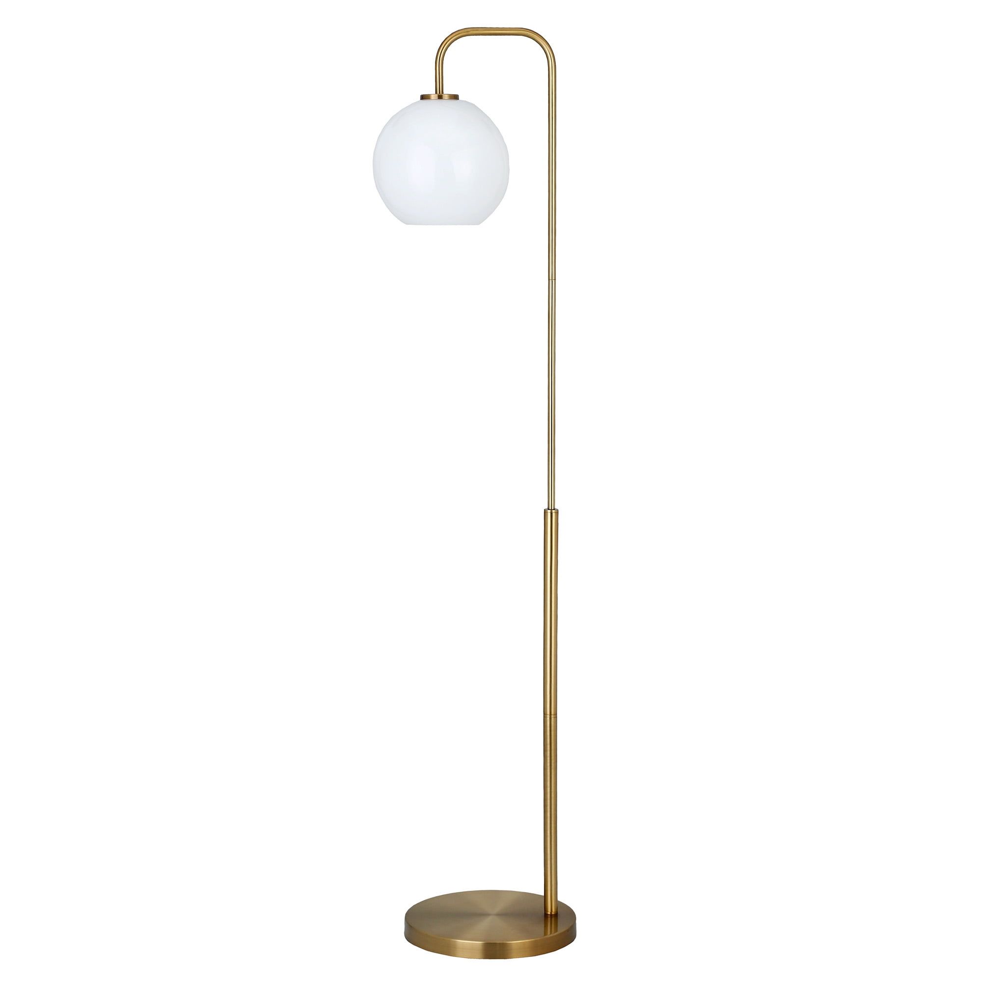 Arcadia Adjustable Brass Arc Floor Lamp with White Milk Glass Shade